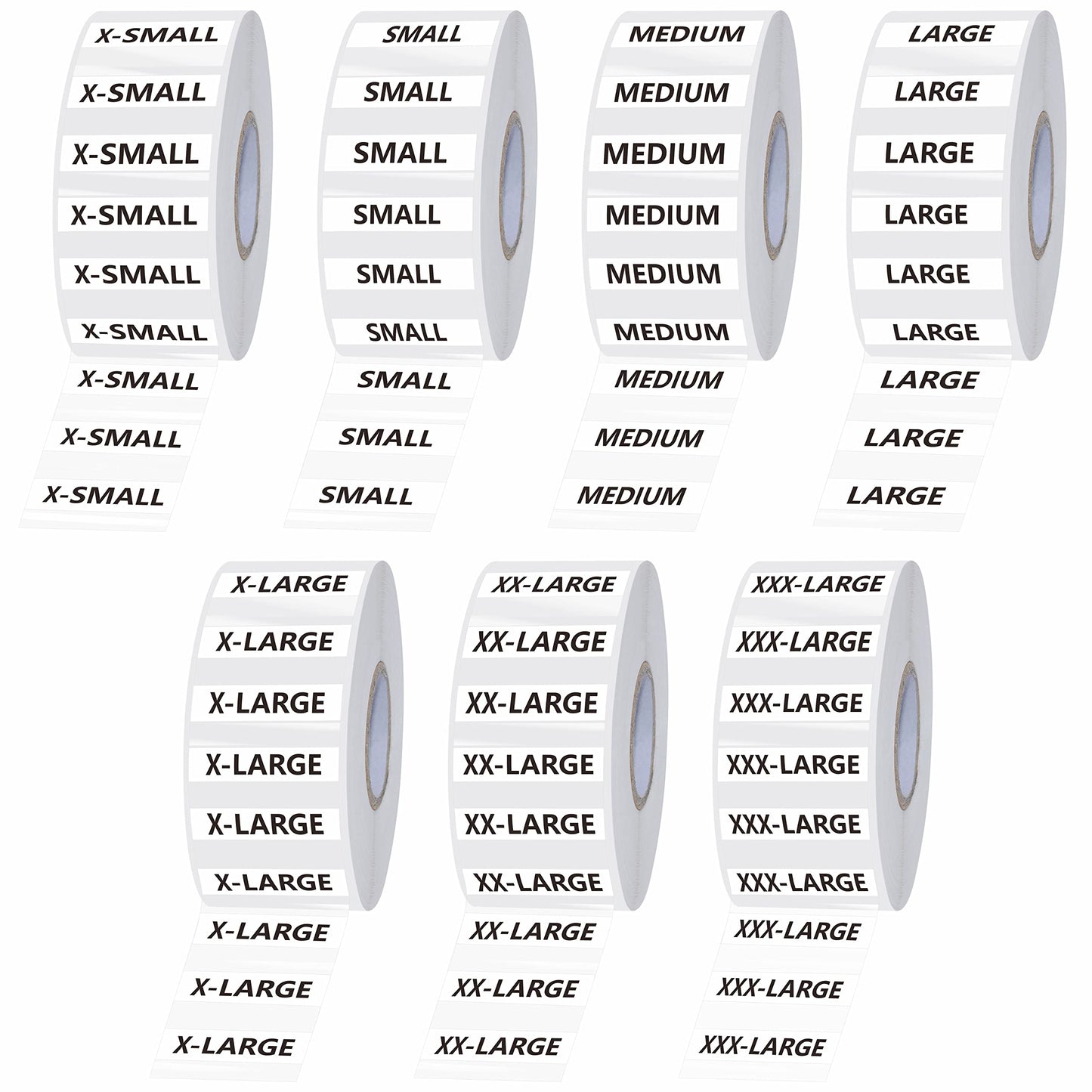 1750 PCS Clear Clothing Size Strip Labels, Tear-Resistant, Residue-Free, Black and White Fonts, 250 Strips Per Roll (7 Rolls, 1.25" X 5") Clothing Size Strip Labels - Bopp Materials (1.25" X 5")