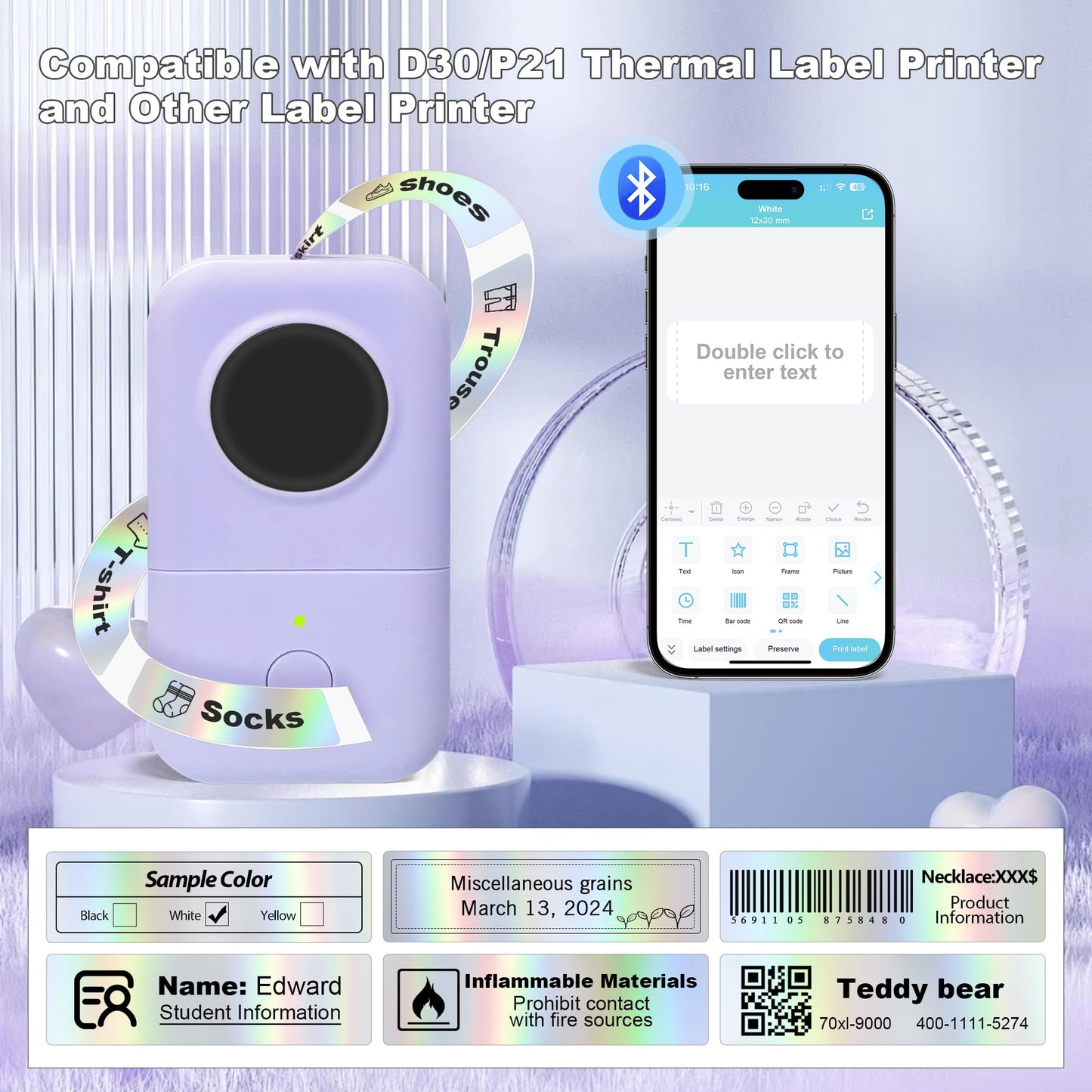 PARLAIM Label Maker Tape,14X50MM(1/2" X1 7/8") Thermal Label Stickers,Thermal self-Adhesive Label Compatible with D30 Label Maker,Thermal Label Paper for Home/Office/130pcs/Roll Holographic Silver (0.55"X1.97") 130 PCS