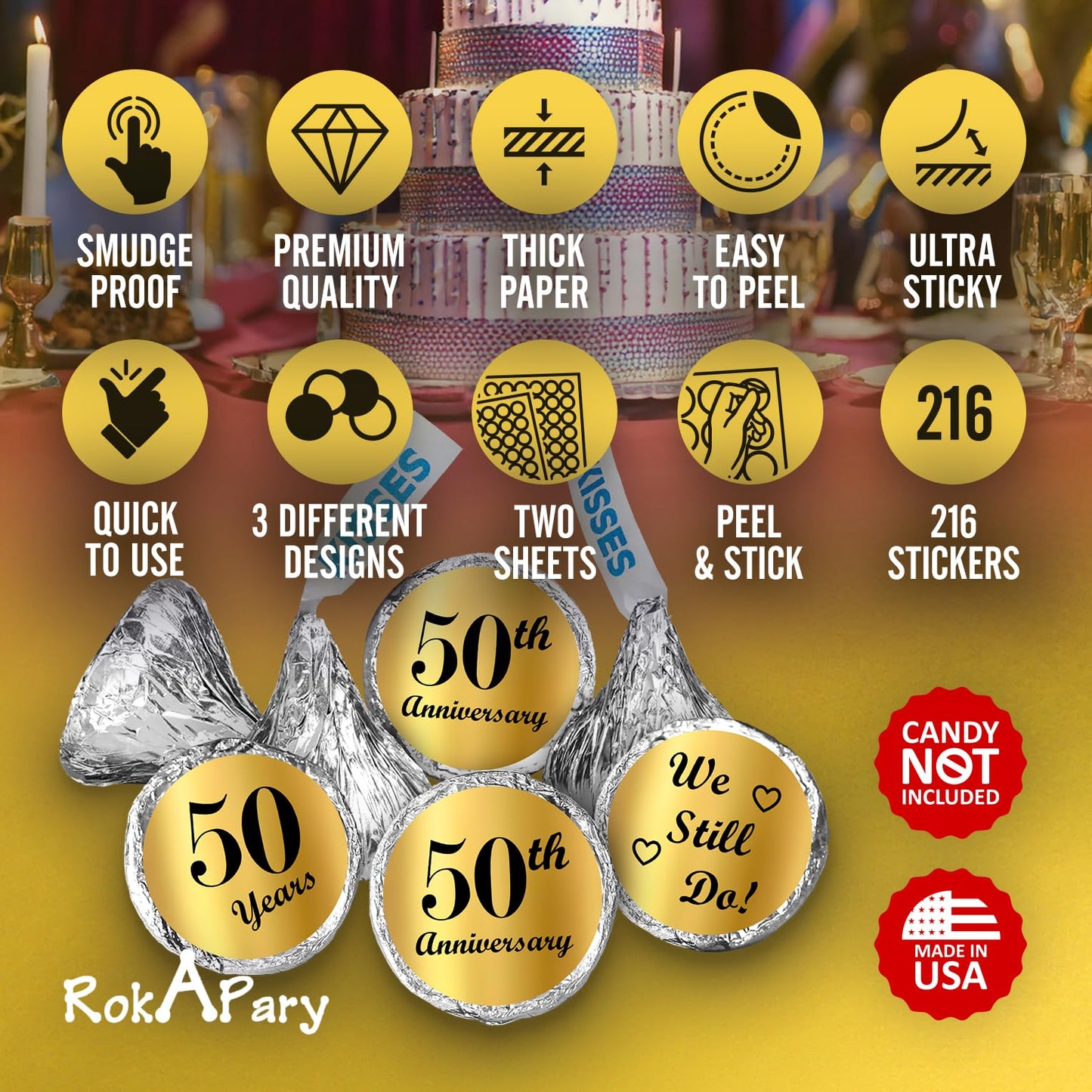 Gold Foil 50th Anniversary Kisses Stickers, (Set of 216) Chocolate Drops Labels Stickers for 50th Wedding Anniversary, Party Favors Decor for Kisses. Made in USA