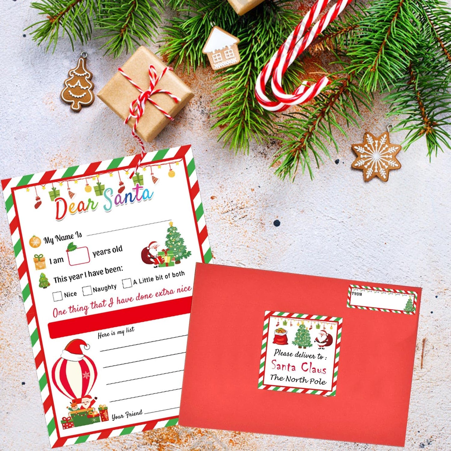 10 Set Santa Letter Kit Christmas Official Letters to Santa Christmas Wish List to Santa,Include Writing Letter/Envelopes/Address Labels/Seals Stickers/Return Address Label