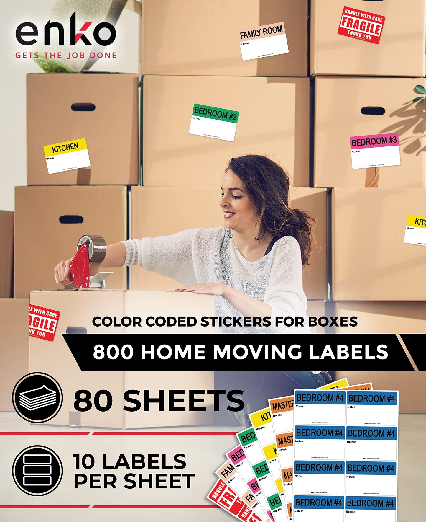enKo - 2 x 3 Inch Extra Large Home Moving Packing Labels Stickers for Box - Color Coded for Boxes, Packing Box Fragile Stickers (800 Labels, 4 Bedroom House) 2" X 3" 80 Sheets, 800 Labels