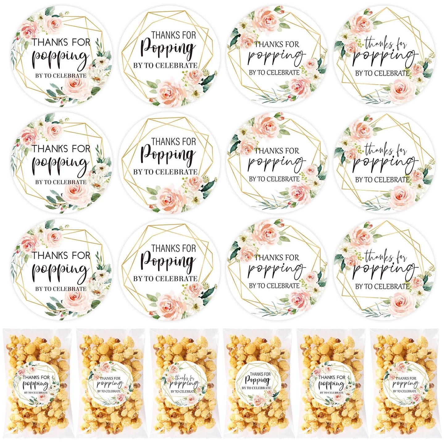 AnyDesign 120Pcs Popcorn Stickers Labels Thanks for Popping by to Celebrate Popcorn Favor Decals Pink Floral Style Self-Adhesive Paper Stickers for Greenery Baby Shower Wedding Bridal Shower, 1.6 Inch