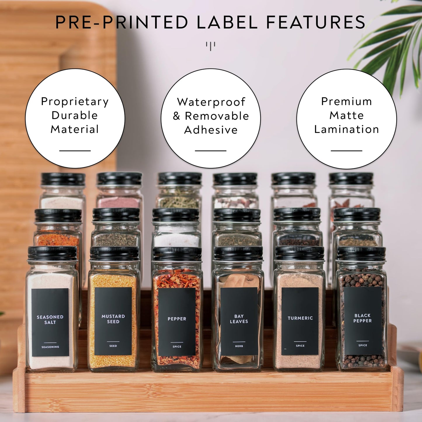 304 Minimalist Spice Label Set, White Text on Black Vinyl Waterproof Label Sticker with Removable Adhesive - Fits on Round, Square and Rectangle Jars - Organize Spice, Herb and Seasonings Spice Labels