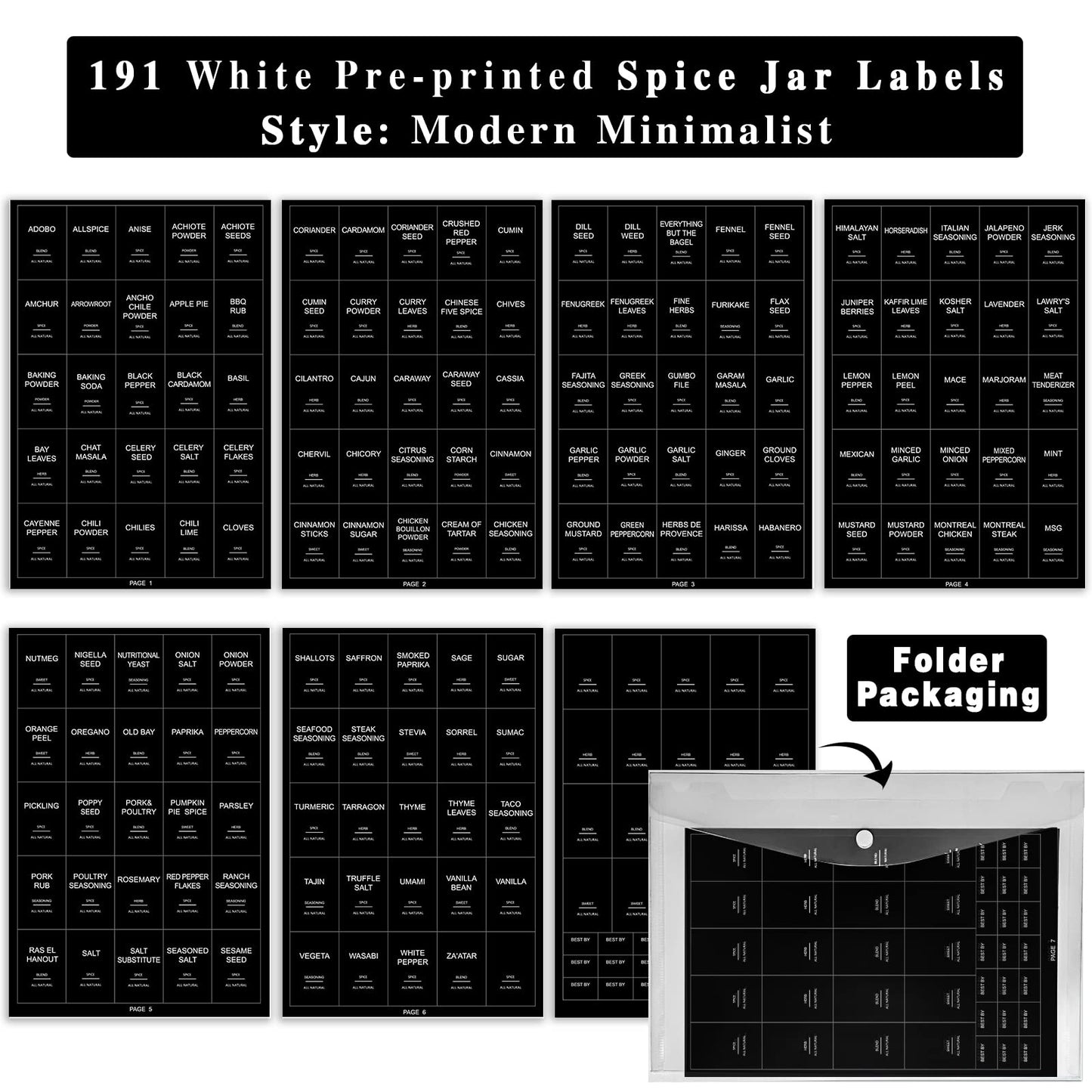191 Spice Jar Labels Preprinted Minimalist Stickers - Matte Black Waterproof Label - Fit Round or Rectangle Spice Jars - Herb Seasoning Kitchen Pantry Labels 191 Spice Labels(no Jars)