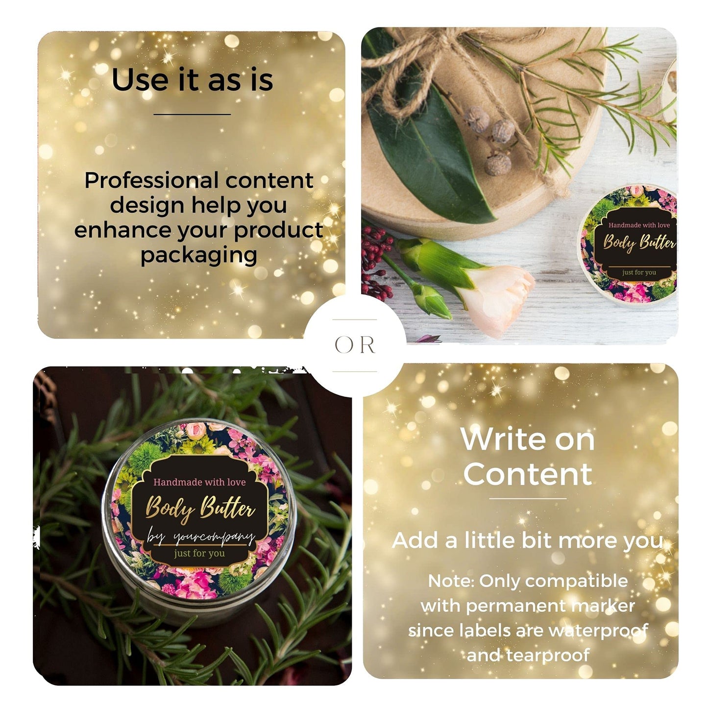 Mobiusea Creation Body Butter Containers Labels Roll | 2 Inch | Gold Foil | 300 pcs Waterproof Stickers for Small Plastic Containers and Jars