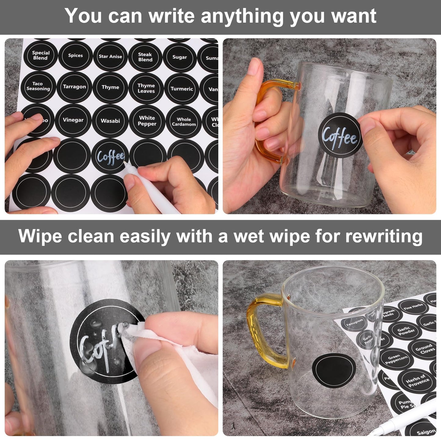 180 Spice Jar Labels - Chalkboard Stickers, Preprinted and Blank - Round and Erasable for Spice Containers 1.5 in