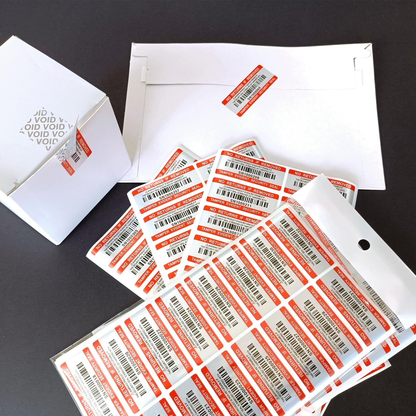 110pcs Tamper Proof Barcode Stickers,Security Label, Warranty Void Sticker with Individual Serial Number,Sealing Label for Package(2x0.8 inches) Red-silver