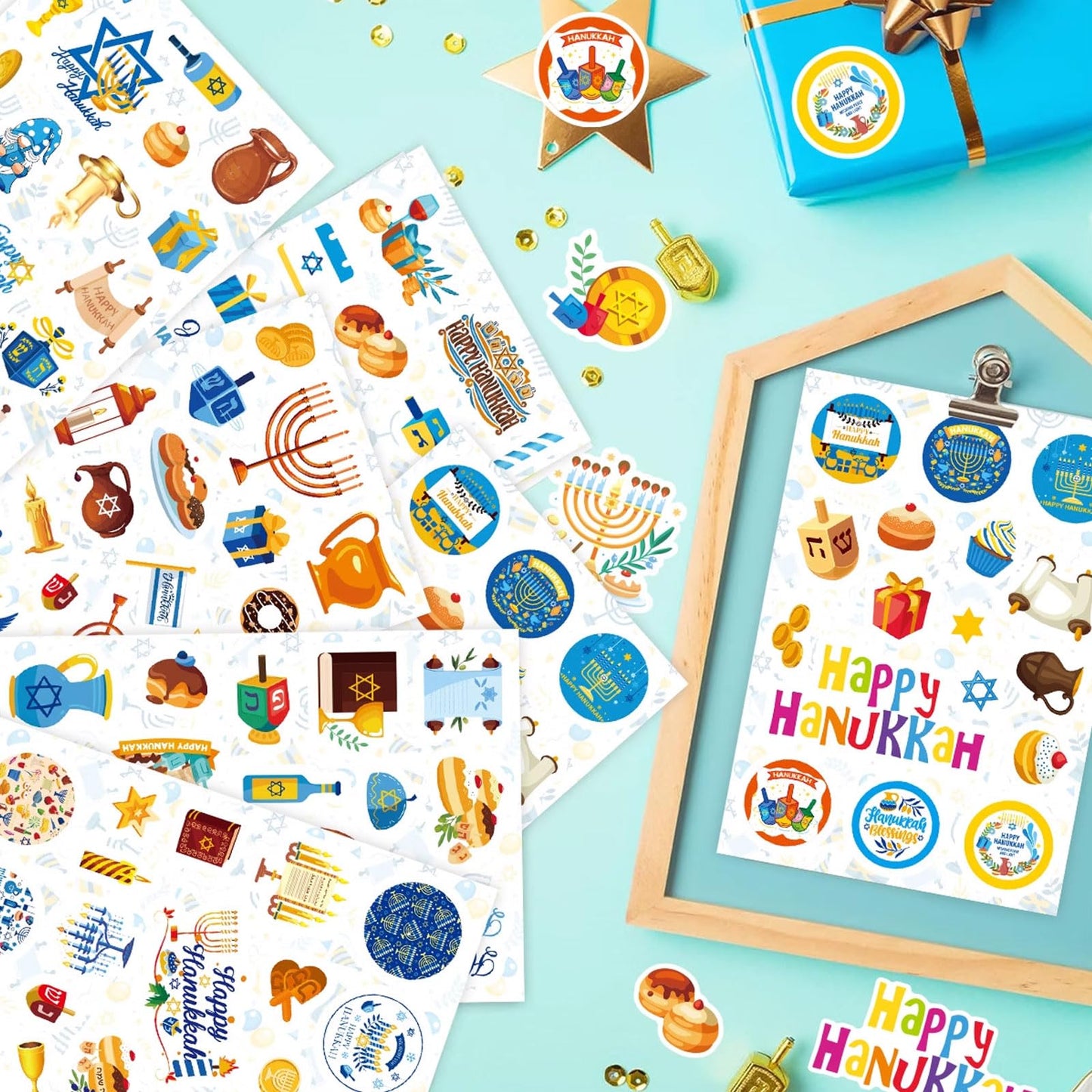 Hanukkah Sticker Label Sticker Candlestick Gift Sticker Happy Chanukah Business Sticker Five Pointed Star Reward Sticker Book,Envelope,Water,Cup Decoration for Hanukkah Jewish Festival