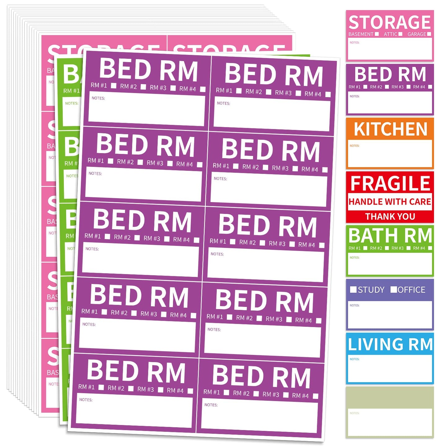 170 Home Moving Labels, 3.4 x 2 inches, 8-Color Coded Packing Box Stickers with Fragile and Blank Customizable Labels 170