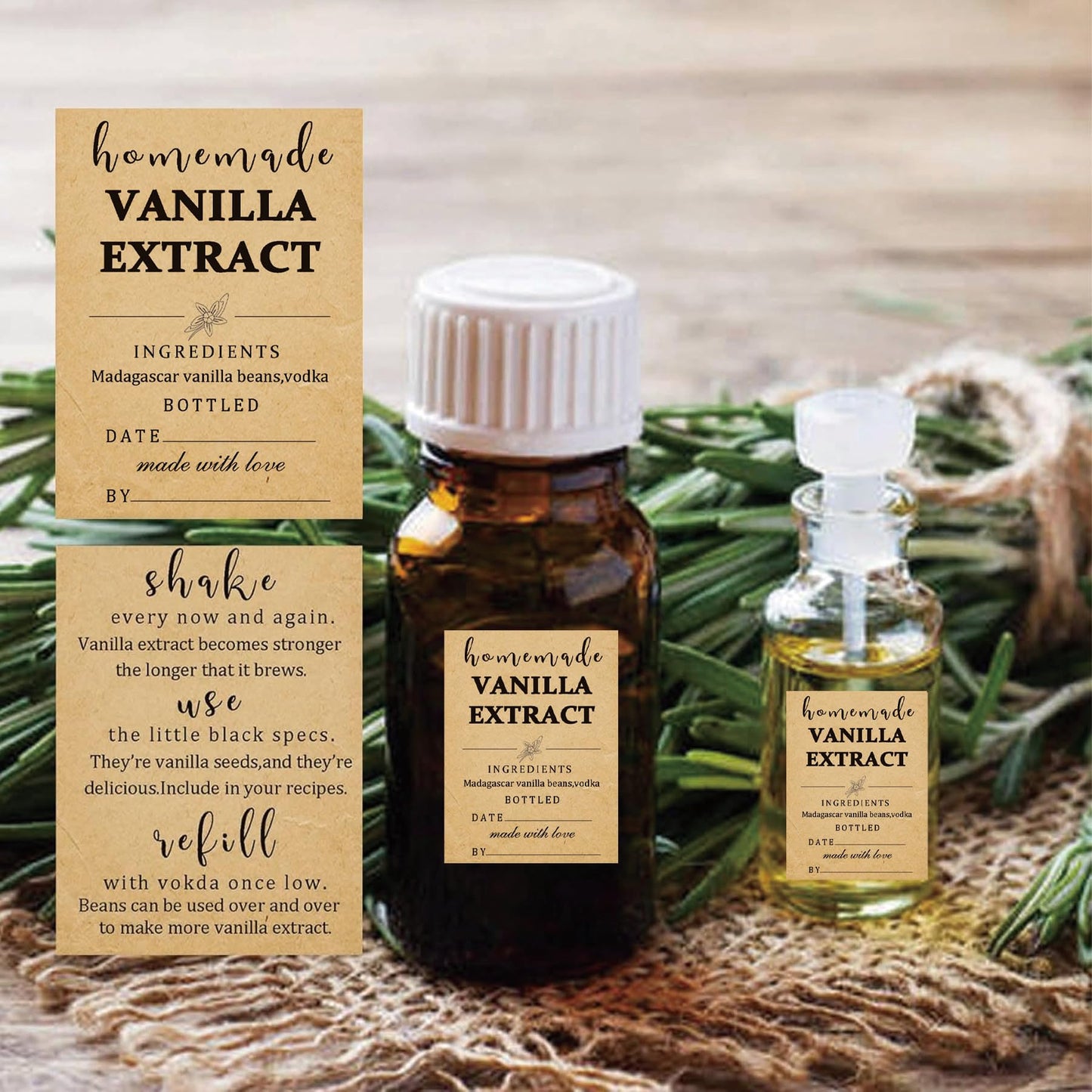 48 Pack Kraft Homemade Vanilla Extract Stickers 1.5×2 inch Square Vanilla Instruction Labels Madagascar Vanilla Beans and Vodka Extract Stickers for Handcrafted Vanilla Bottles,Jar Kitchen Pantry