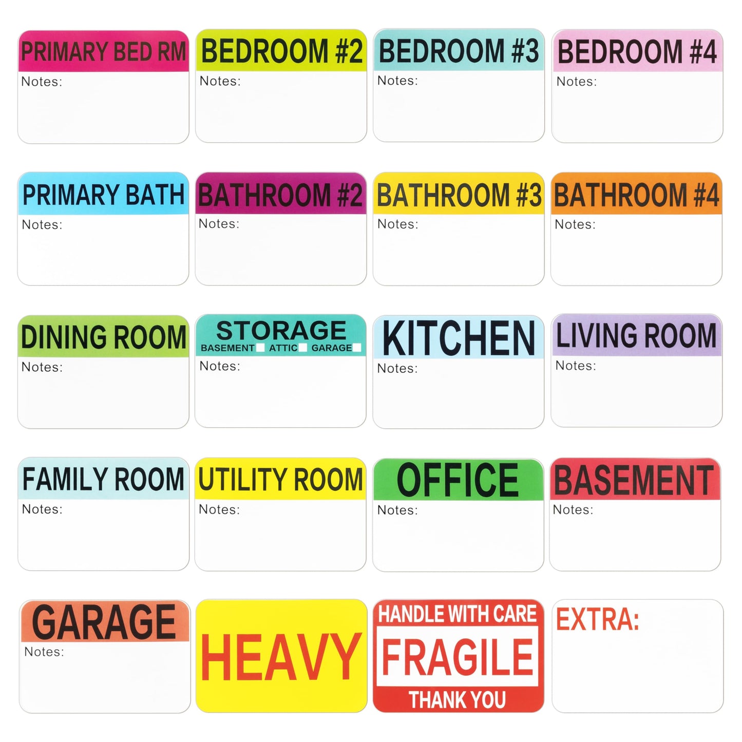 600 Mixed Color-Coded Writable Moving Labels (2" x 3") with 20 Designs, Fragile Stickers, Heavy & Blank Labels
