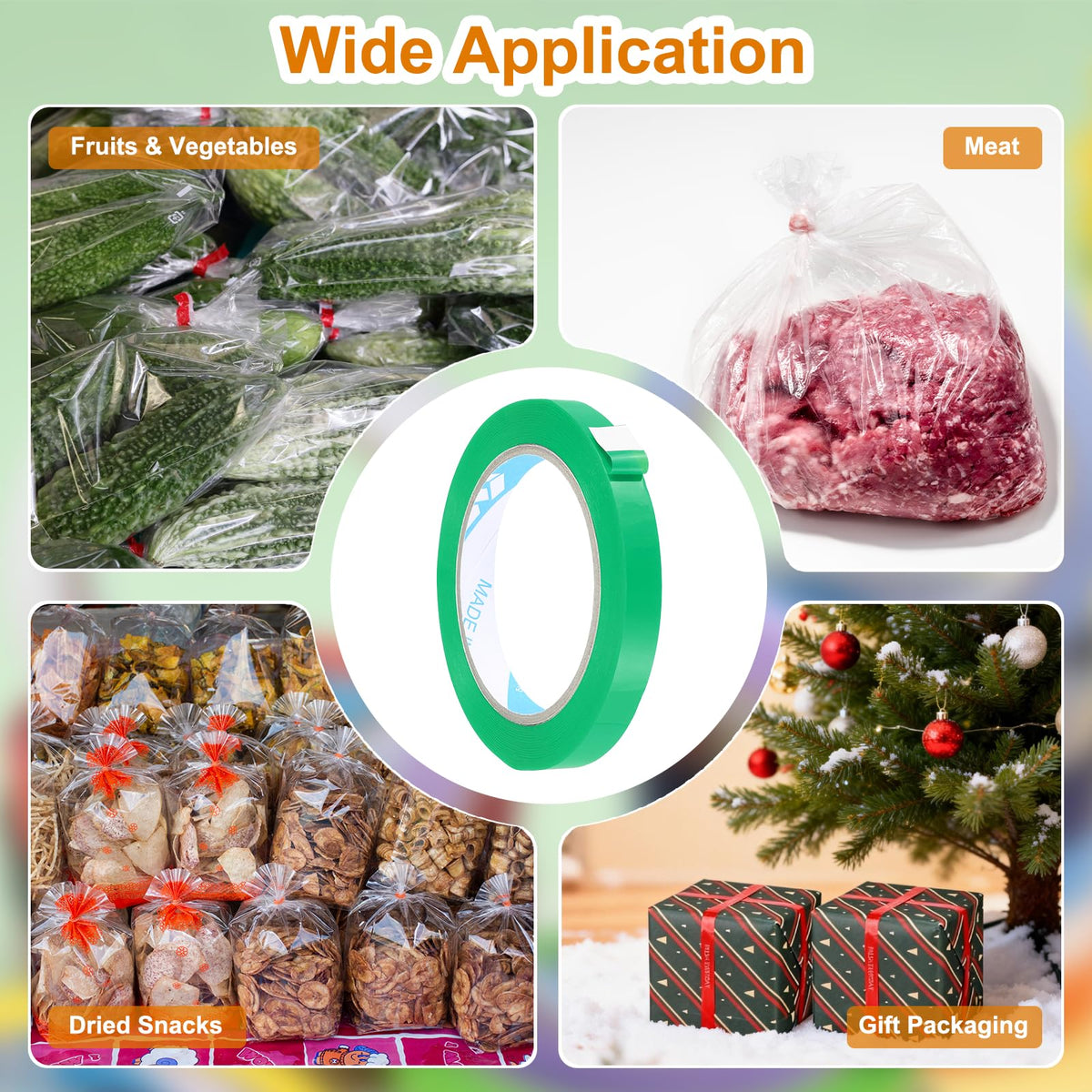 MECCANIXITY Poly Bag Sealing Tape, 1/2" x 100 Yard Plastic Bag Sealer Tape Packaging Sealing for Shops Packaging Food Vegetable Meat Cake Bread Freezer Ice, Light Green 1/2"