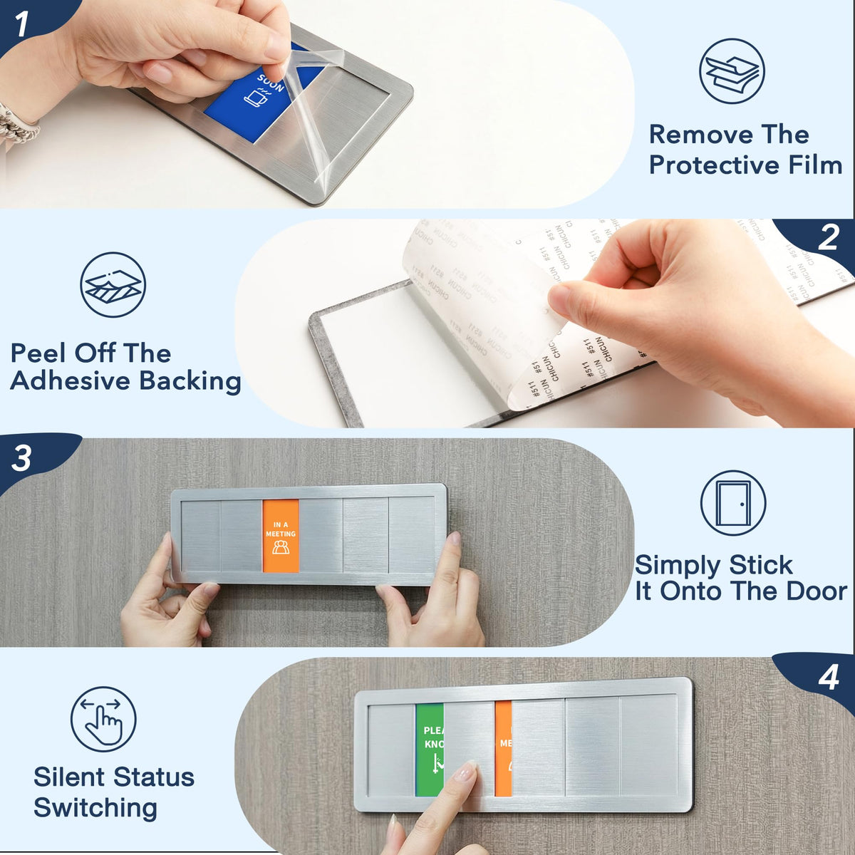 Office Door Signs - 2 Pack: Do Not Disturb, In A Meeting, Out Of Office, Working Remotely, Please Knock, Back Soon - 6 Options Slider Privacy Door Sign for Home Offices & Hybrid Work, Brushed Silver 6 Area-2pk