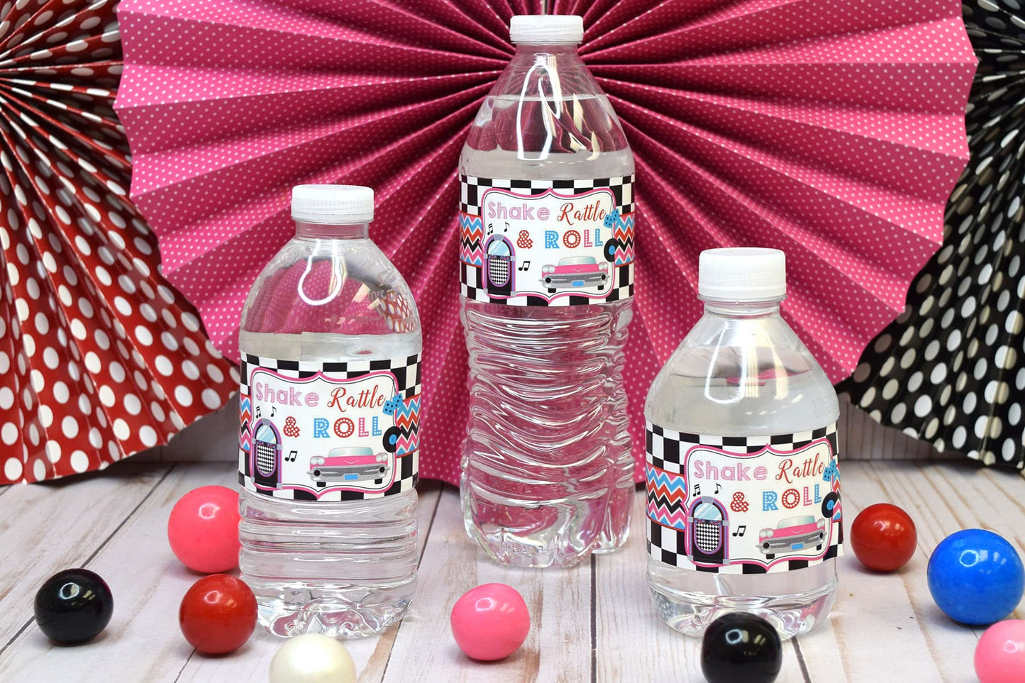50’s Sock Hop Birthday Waterproof Water Bottle Sticker Wrappers, 20 1.75" x 8.5" Wrap Around Labels by AmandaCreation