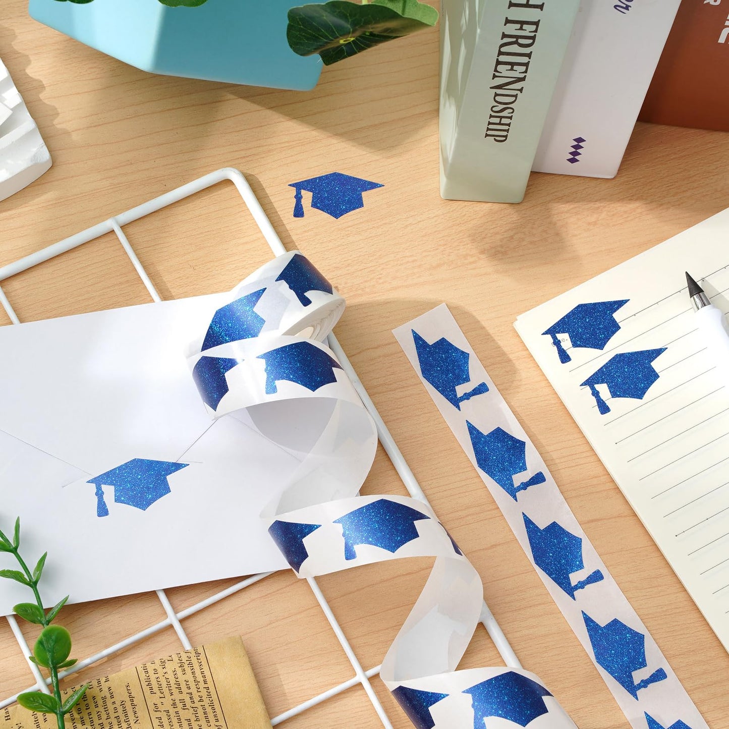Waline Blue Graduation Cap Stickers - Laser Silver Sealing Labels, Self-Adhesive, 1.5x0.8 Inch