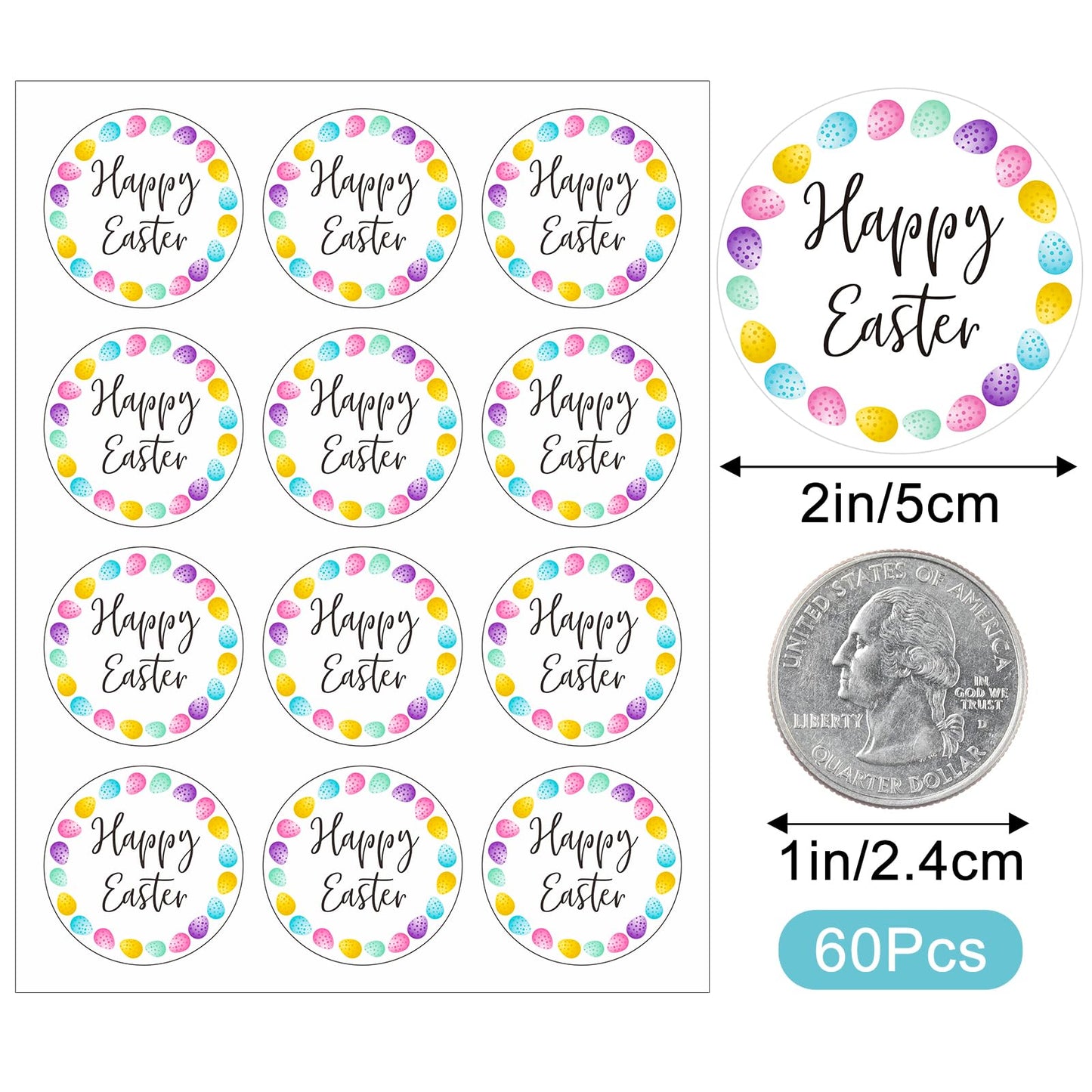 Anwyll Easter Gift Stickers - Happy Easter Day Stickers 60Pcs 2Inch Easters Eggs Sticker Bulk Self-Adhesive Round Easters Seal Label Sticker for Kid Adult Basket Envelope Card Party Decoration Supply