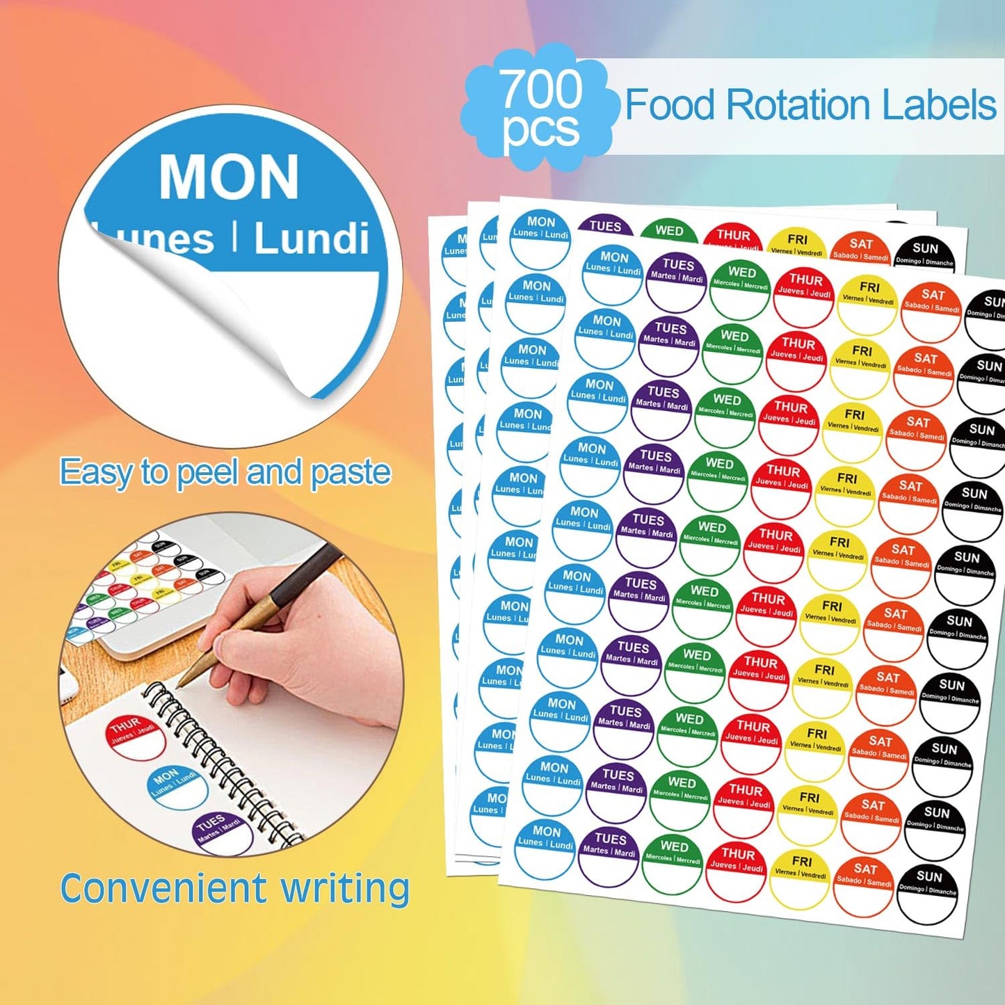 7 Days of The Week Labels 1 Inch Color Coding Food Rotation Labels - Self Adhesive Mon, Tue, Wed, Thurs, Fri, Sat Sun Day Label 700 Pcs Day Stickers