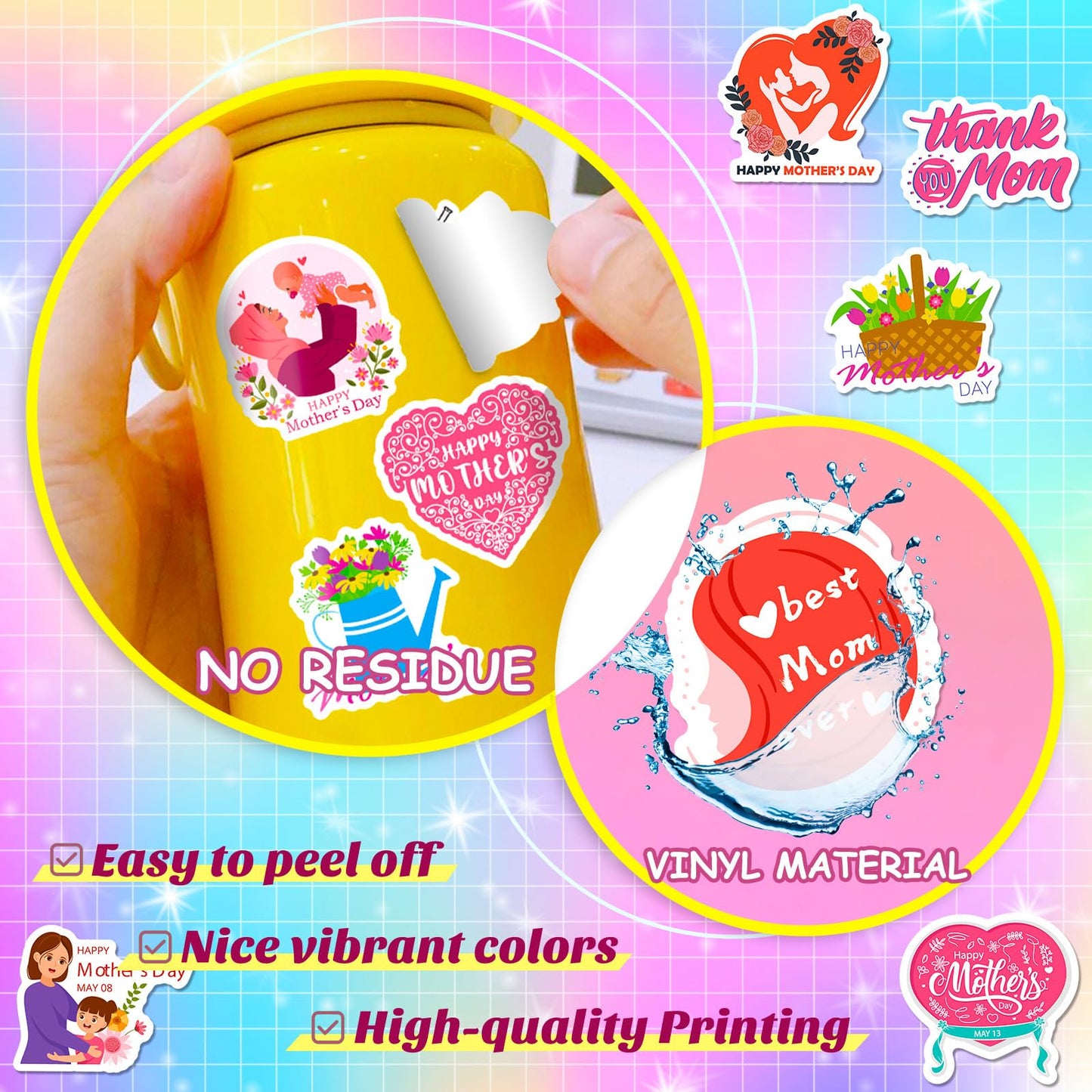 Mother's Day Stickers 50pcs - Waterproof & Self-Adhesive Decals for Gift Wrapping, Scrapbooking, Cards | Premium Quality, Easy Peel & Stick (Festival, Party, DIY) Mother's Day