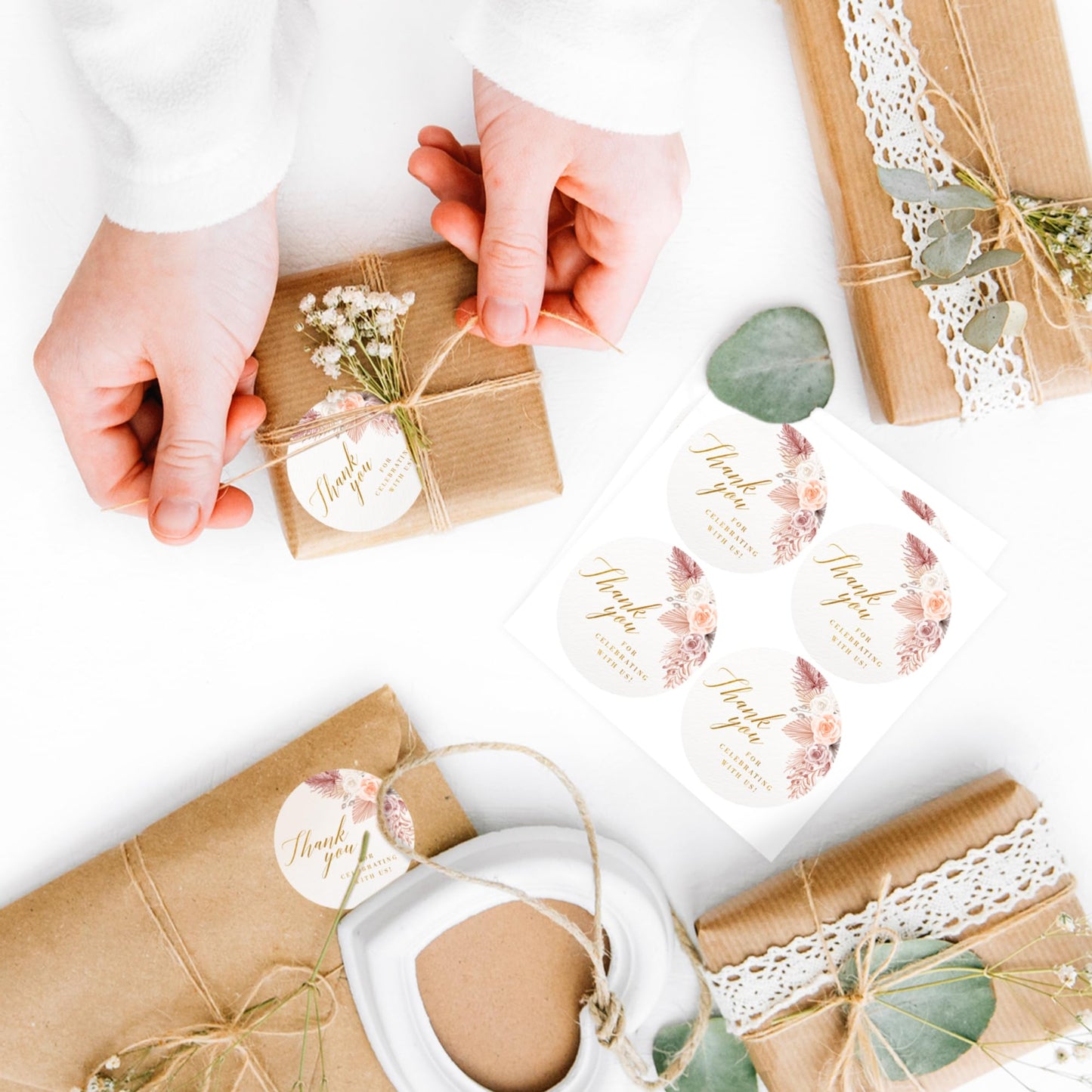 Mobiusea Creation Boho Beige Floral Wedding Thank You Labels Thank You for Celebrating with Us Stickers | 2 inch | Gold Foil | 60pcs Waterproof Favor Labels for Wedding, Bridal Shower, Baby Shower