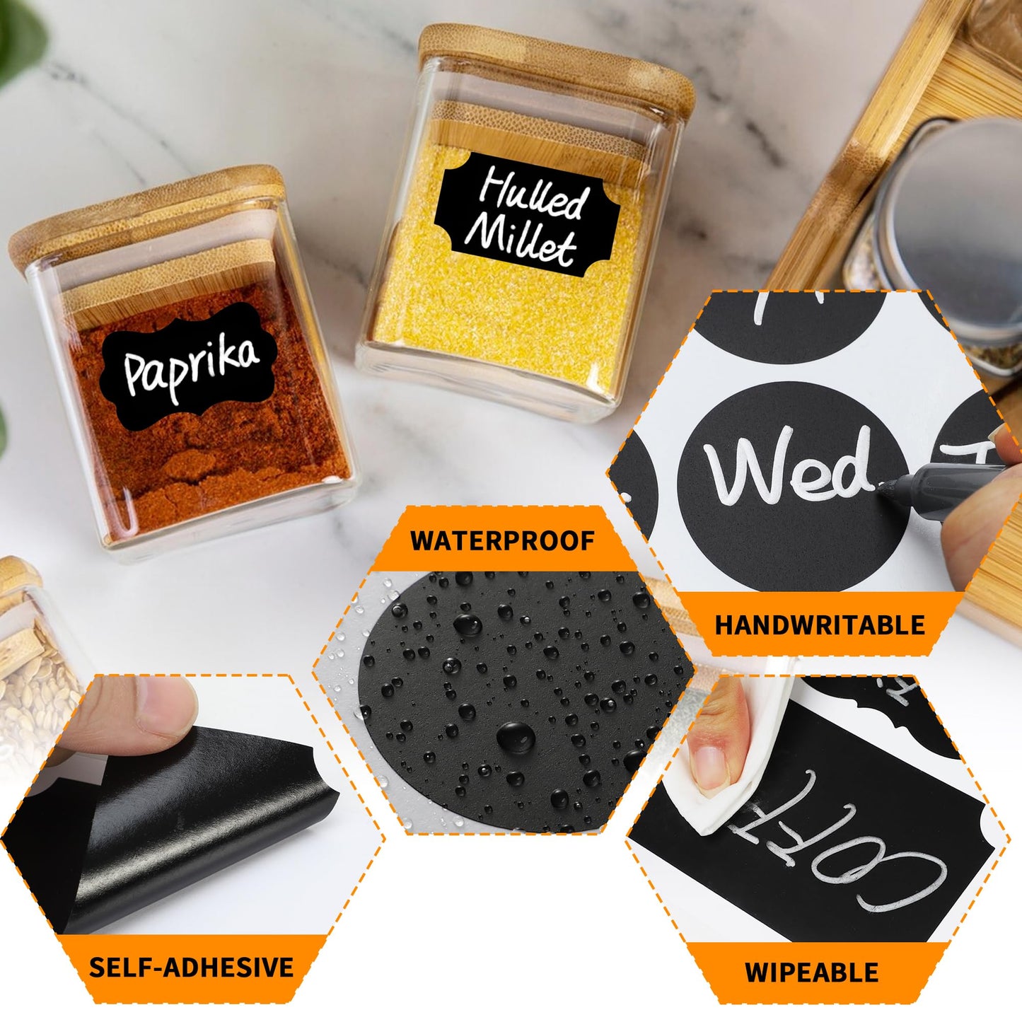 256 Kitchen Blank Chalkboard Labels for Jars Bottles Containers, Waterproof Reusable Removable Different Size Black Labels Stickers for Home Kitchen Pantry Food Spice Storage, Office (Black)