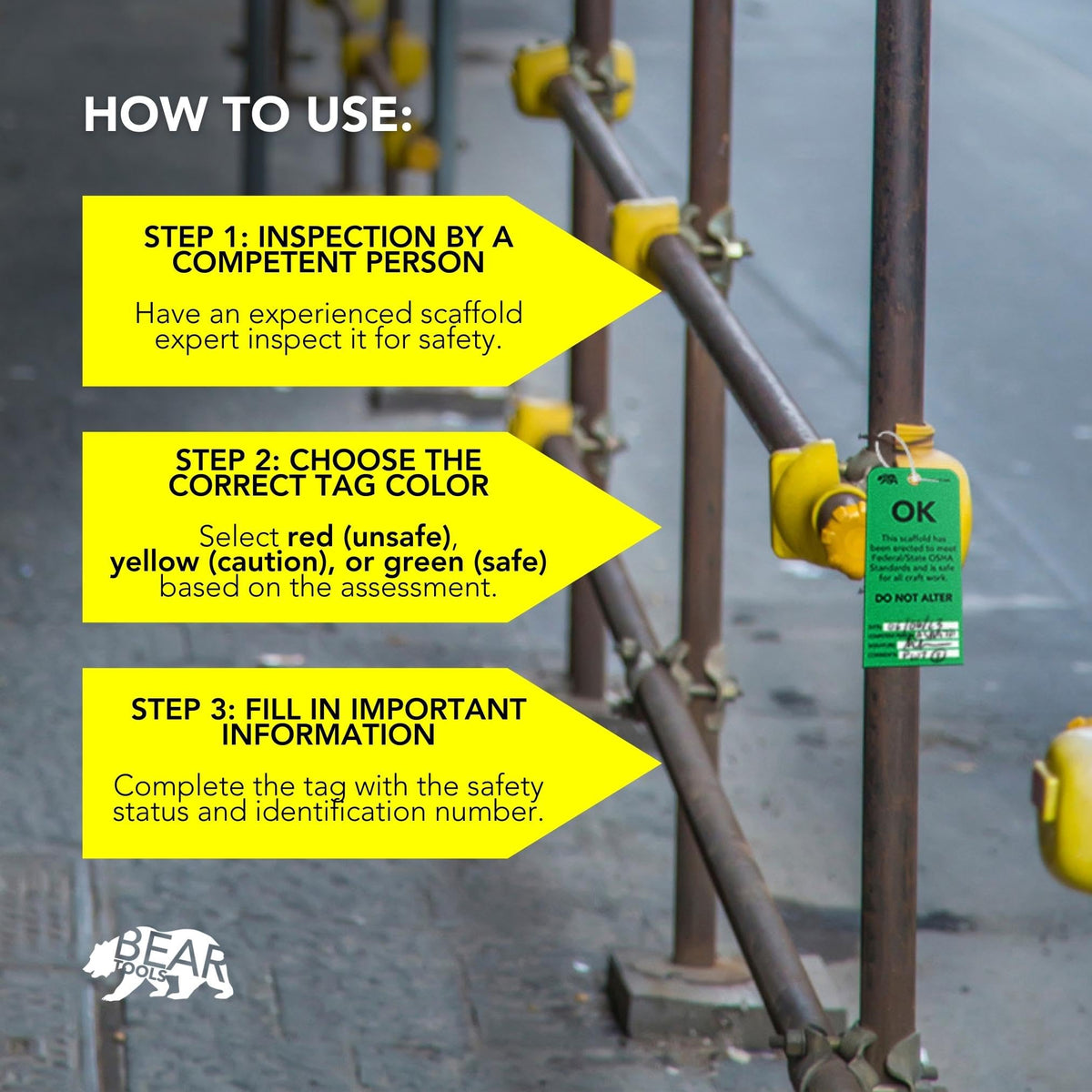 BearTOOLS Scaffold Tags - Safety Inspection Kit with Cable Ties - OK Scaffold Status Warning Sign - Laminated 3 x 6 in, Pack of 25 - Weatherproof, Tear-Resistant - Green Tags