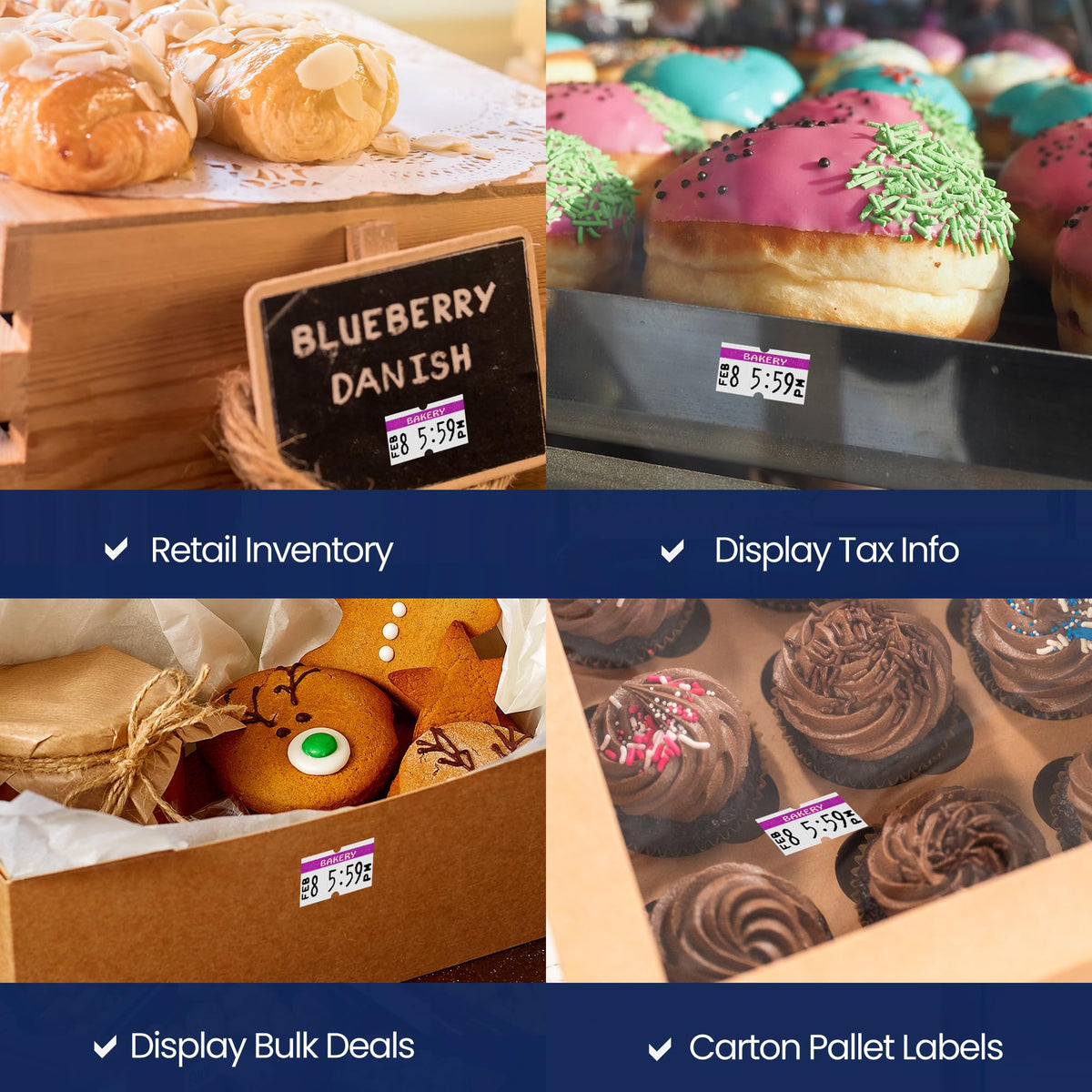 Perco 1 Line Purple Reverse Print on White Bakery Labels — 8,000 Labels for Perco Lite, X, Plus & Pro Guns—with Tamper-Proof Design for Marking Breads, Pastries, Cakes — 8 Rolls, 1 Sleeve—Made in USA