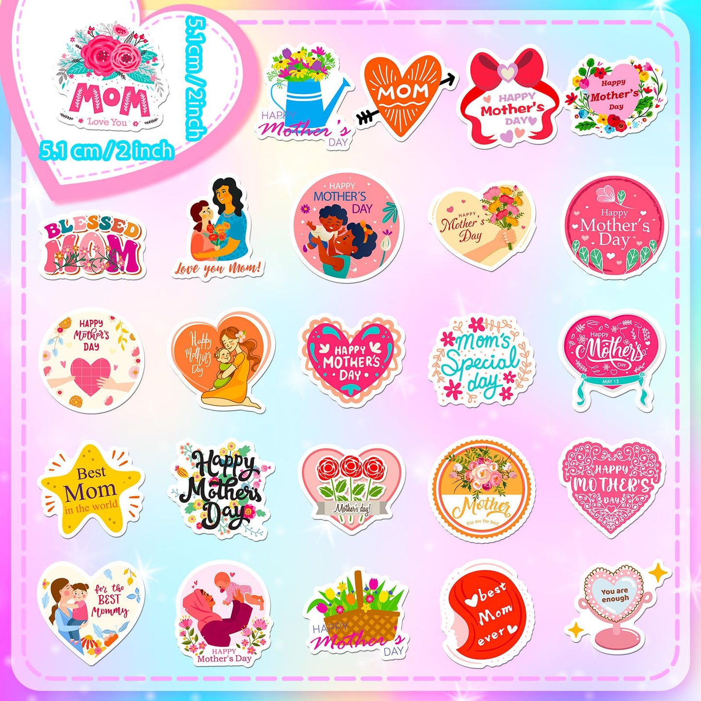 Mother's Day Stickers 50pcs - Waterproof & Self-Adhesive Decals for Gift Wrapping, Scrapbooking, Cards | Premium Quality, Easy Peel & Stick (Festival, Party, DIY) Mother's Day