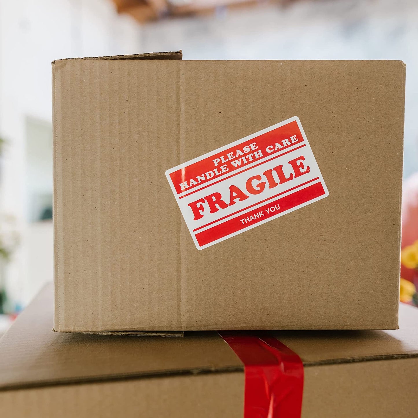 500 PER ROLL Fragile Stickers for Shipping - Handle with Care Fragile Thank You - Strong Adhesive Red Warning Shipping Moving Label Care Packing