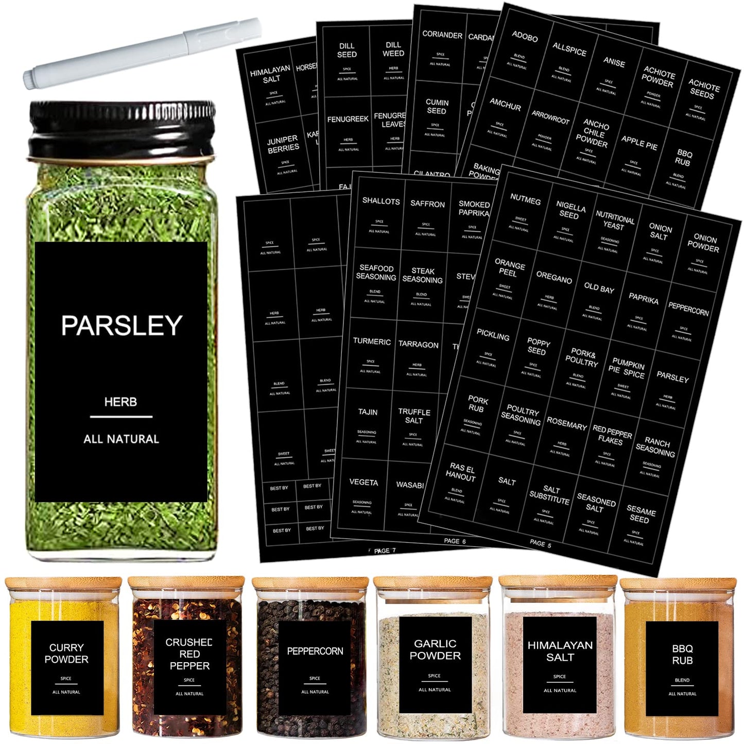 191 Spice Jar Labels Preprinted Minimalist Stickers - Matte Black Waterproof Label - Fit Round or Rectangle Spice Jars - Herb Seasoning Kitchen Pantry Labels 191 Spice Labels(no Jars)