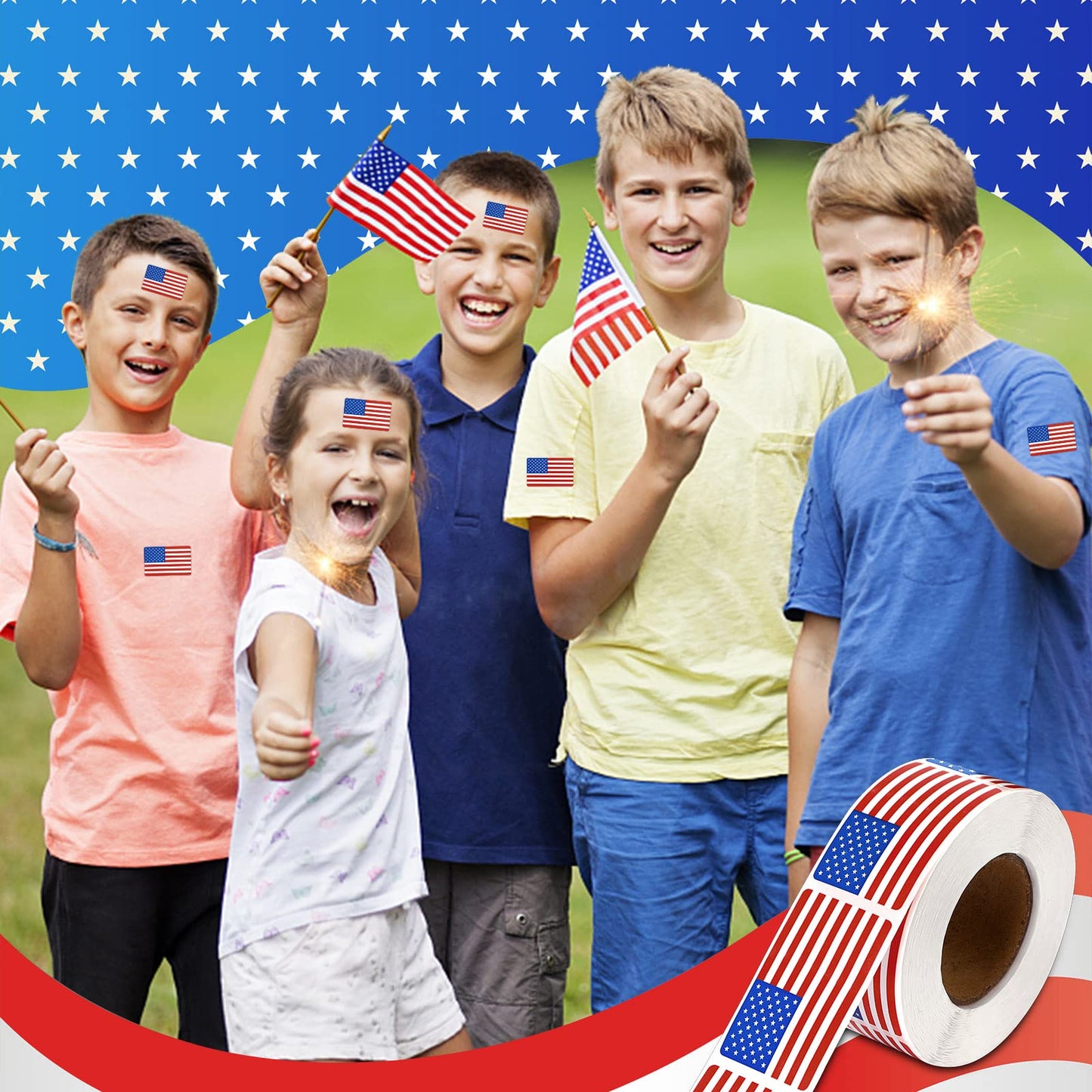 SANNIX 500 Pcs American Flag Sticker Roll,2 x 1.22 Inch US Flag Decal, USA Patriotic Stickers, Red White and Blue Stickers Adhesive Label for Memorial Day 4th of July Sport Game