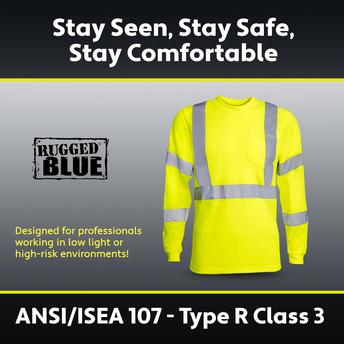 RUGGED BLUE Moisture Wicking High Vis Long Sleeve Shirt, ANSI Class 3 Rated High Visibility Work Shirt with Reflective Tape, Large