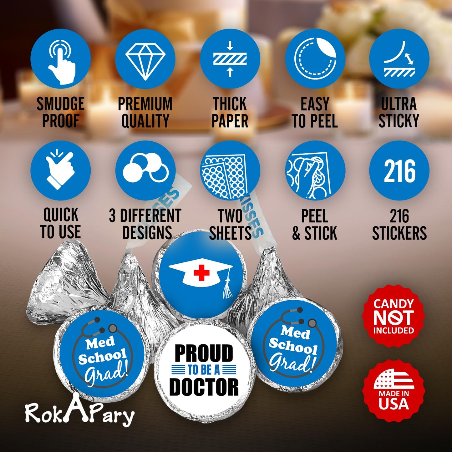 216 Med School Graduation Party Kisses Stickers Labels, Medical School Doctor Grad Party Decorations. Candy NOT Included. Made in USA.