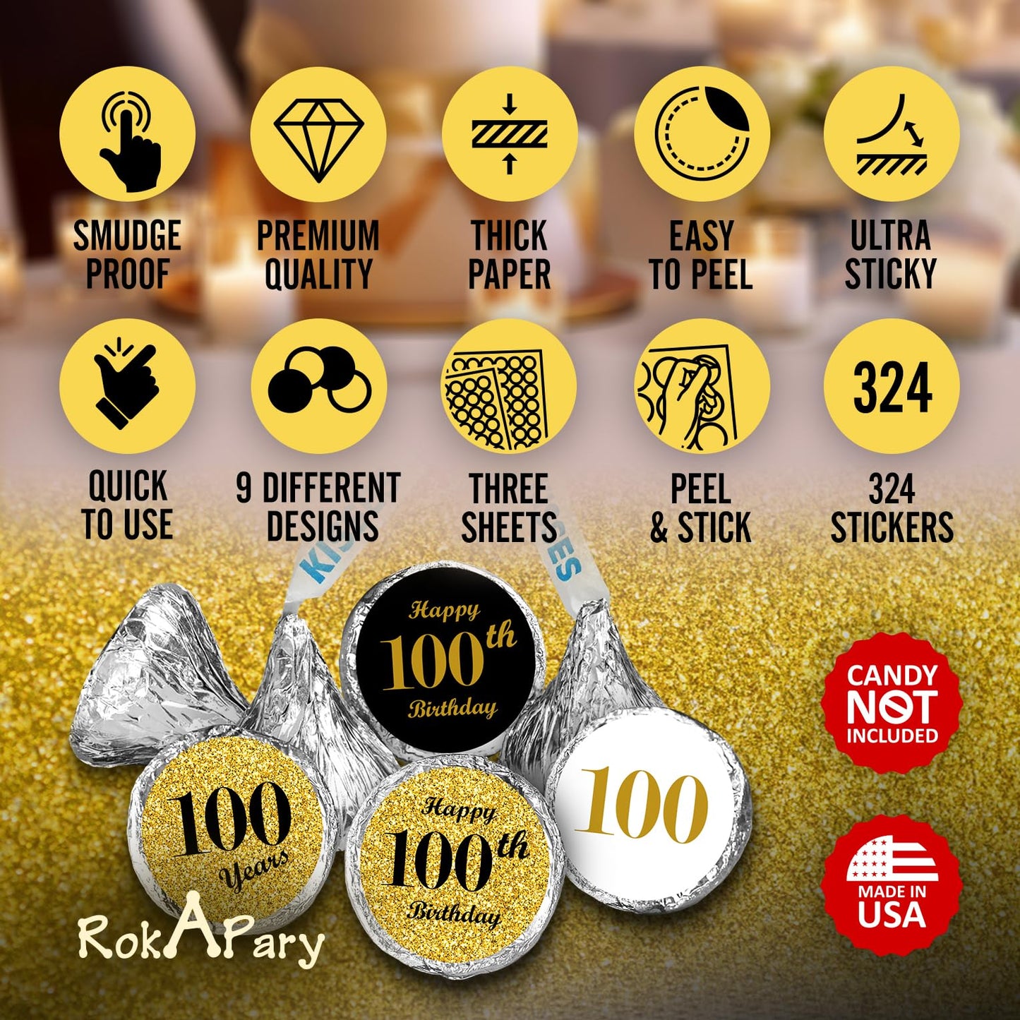 100th Birthday Kisses Stickers, (Set of 324) Chocolate Drops Labels Stickers for 100 Birthday, Party Favors Decor for Kisses. Made in USA, 9 Designs (36 Stickers of Each)