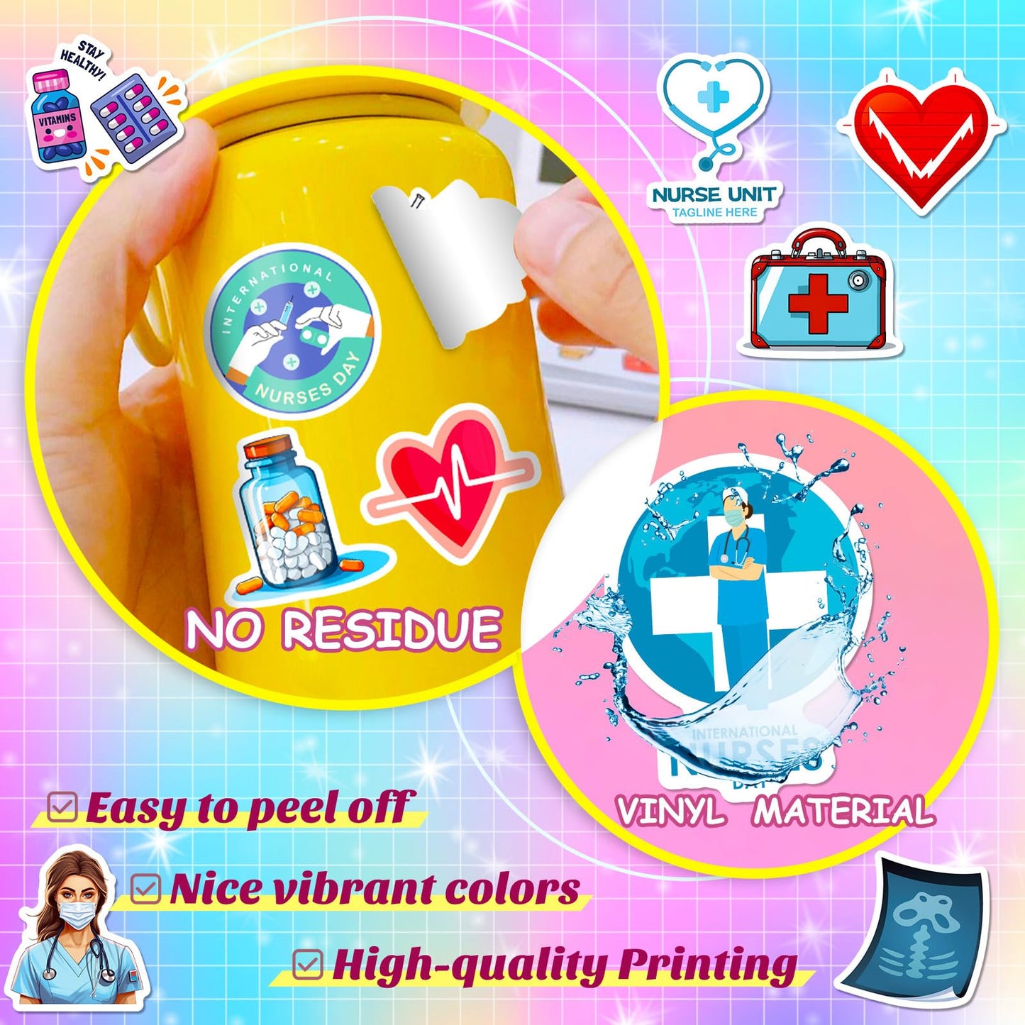 Nurses Day Stickers Nurses Day Label Stickers for Water Bottles Nurses' Day Theme Decals Waterproof Stickers Cards Envelopes Seals Cookies Box and Gifts Wrapping Decoration Nurse