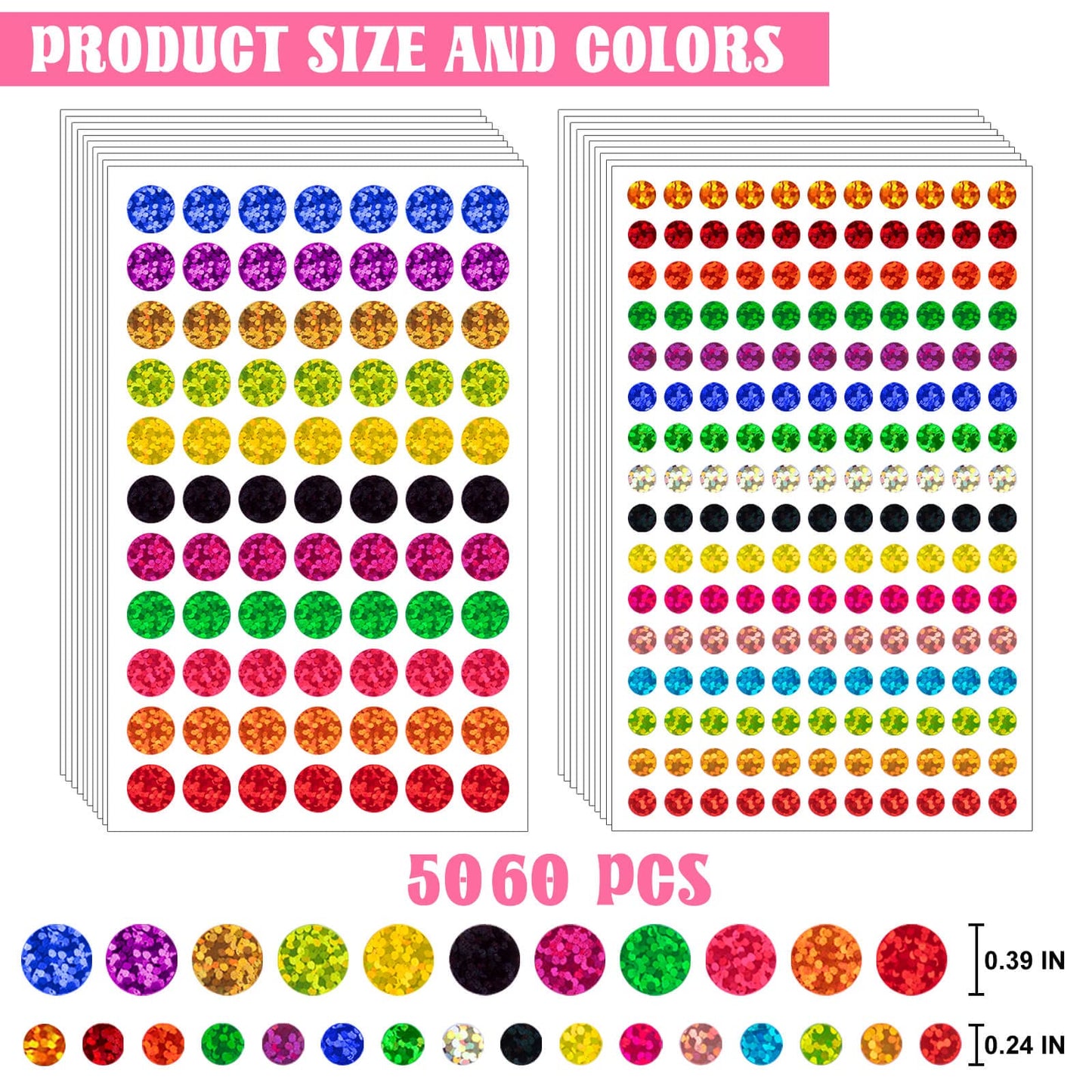 5060 PCS Small Shiny Dot Colored Stickers - 1/4" and 1/2" Tiny Glitter Round Stickers, Mini Sparkle Laser Circle Stickers for Kids Teachers Student Classroom Office,16 Colors 5060dot stickers
