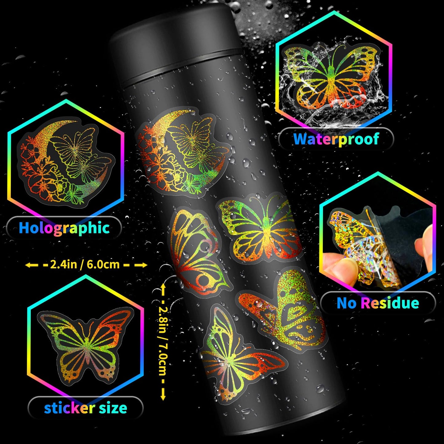 100PCS Holographic Butterfly Stickers, Gold Laser Transparent Waterproof Stickers, Self-Adhesive Labels for Scrapbooking, Water Bottles, Journals, Laptops, Wall Decoration