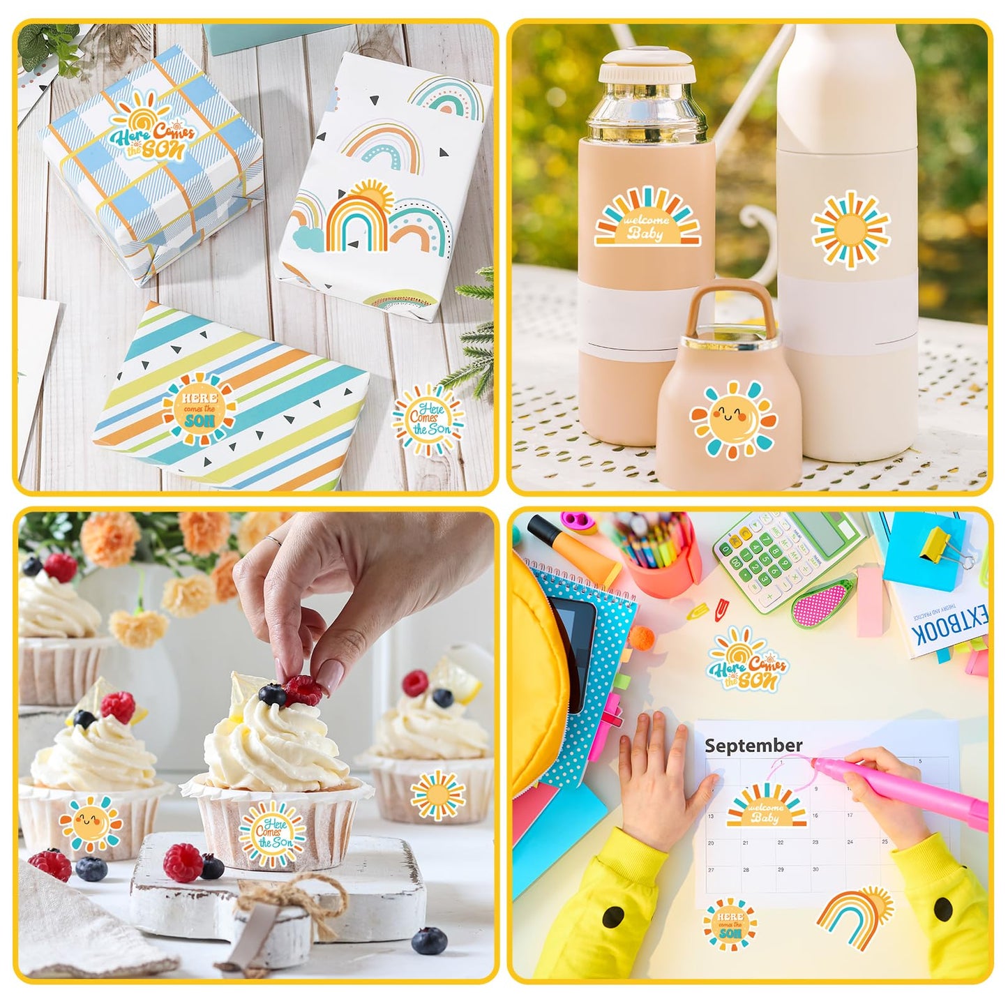 1000Pcs Boho Rainbow Decal Here Comes The Son Adhesive Sealing Labels First Trip Around The Sun Sticker for Baby Shower Birthday Party Favor, 8 Design Boho Sun Rainbow