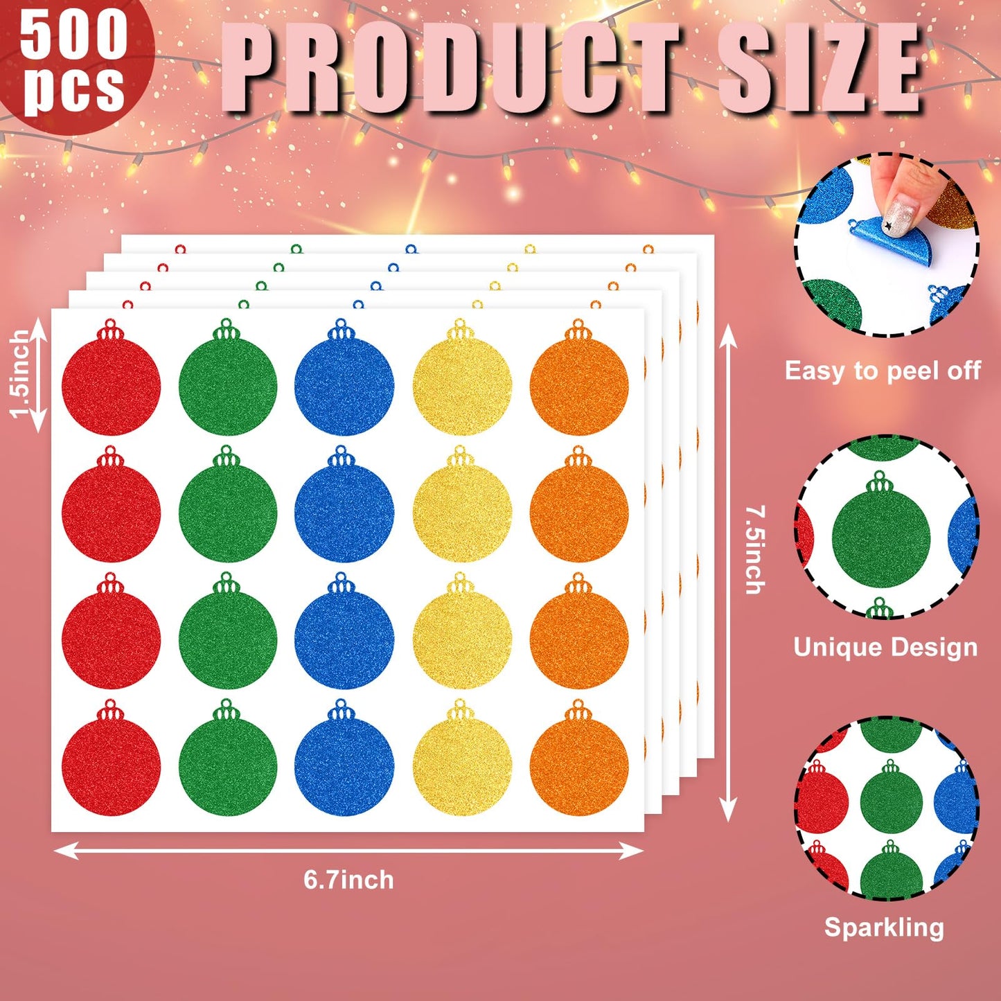 AnyDesign 500Pcs Christmas Sticker Glitter Xmas Ball Envelope Seal Decal 5 Colors Self-Adhesive Paper Label for Winter Invitation Greeting Card Scrapbook Ornament, 1.5 in Xmas Balls