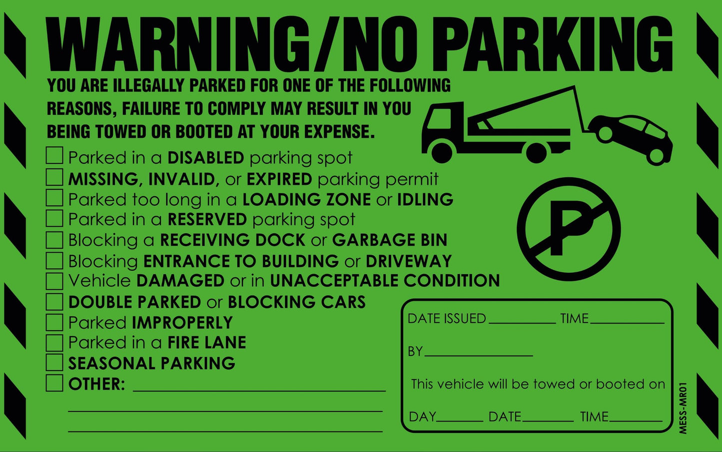 100 MESS Parking Violation Stickers - Hard to Remove - Green Multi-Reason - No Parking, Towing Warning Stickers 8x5 in 100