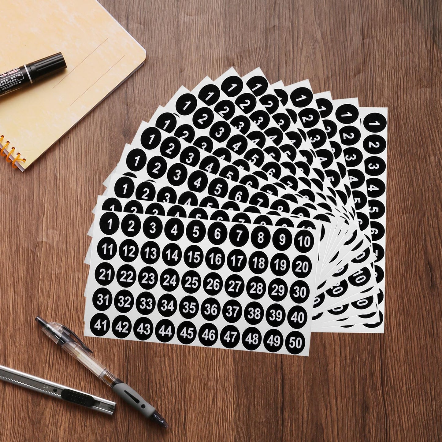uxcell 20 Sheets Round Number Stickers, 1-50 Vinyl Consecutive Number Labels Self-Adhesive Number Decal for Office Classroom Box Storage, Black(1 inch Each)