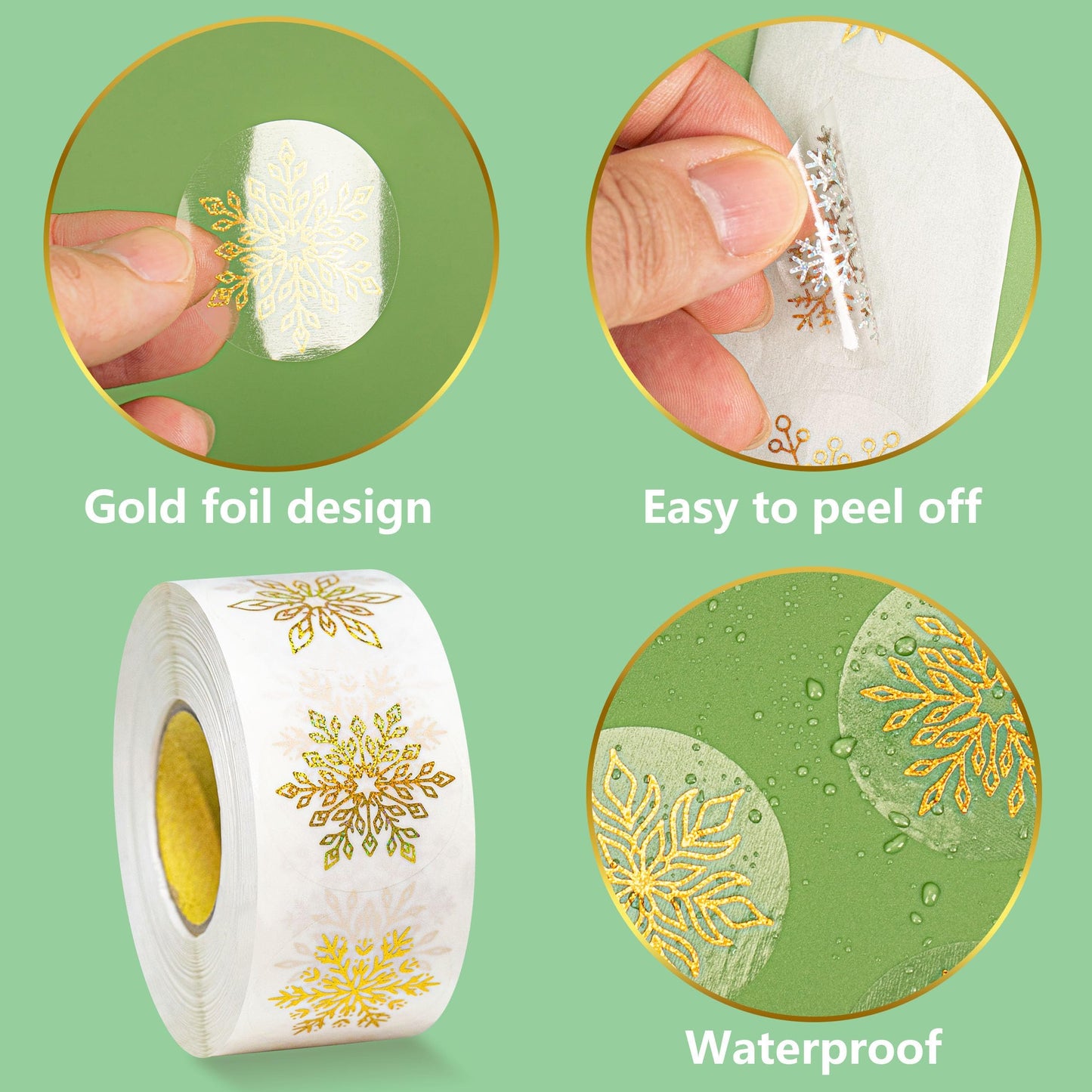 Lesnala 1000Pcs Gold Foil Snowflake Stickers Roll Clear Holographic Christmas Label Round Self Adhesive for Xmas Winter Envelopes Present Decor 8 Styles Golden