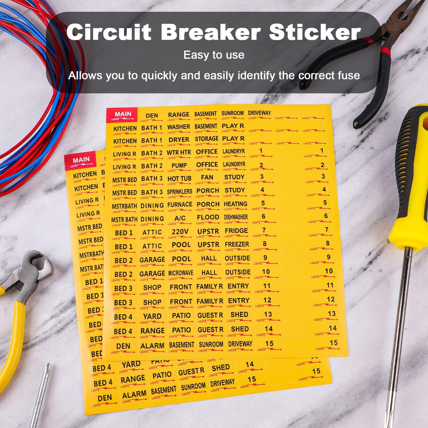 2 Sheets(258pcs) Circuit Breaker Labels, Self-Adhesive Breaker Box Labels Waterproof Fuse Box Stickers Electrical Breaker Panel Labels Stickers for House Commercial Use(Yellow) Yellow