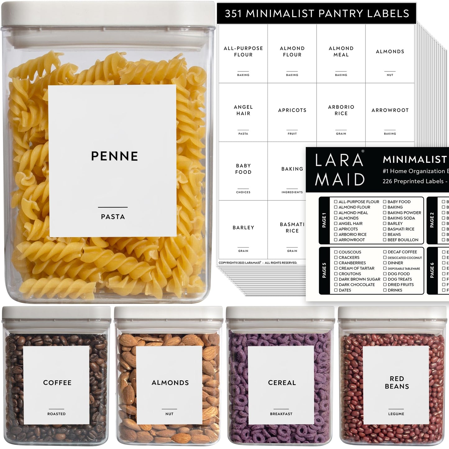 351 Ultimate Pantry Label Set, Black Text on White Vinyl Waterproof Label Sticker with Removable Adhesive- Fits on round, square and rectangle jars - Organize pasta, baking, legume and grain Pantry Labels Rectangle X-Large