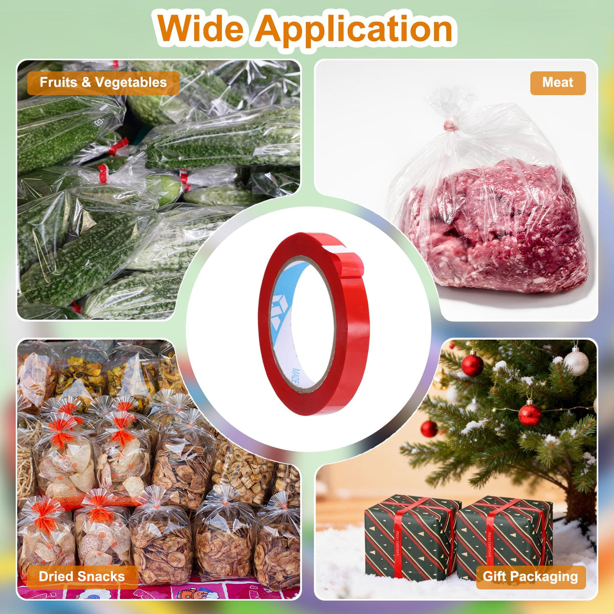 MECCANIXITY Poly Bag Sealing Tape, 9/16" x 100 Yard Plastic Bag Sealer Tape Packaging Sealing for Shops Packaging Food Vegetable Meat Cake Bread Freezer Ice, Dark Red 9/16" 1