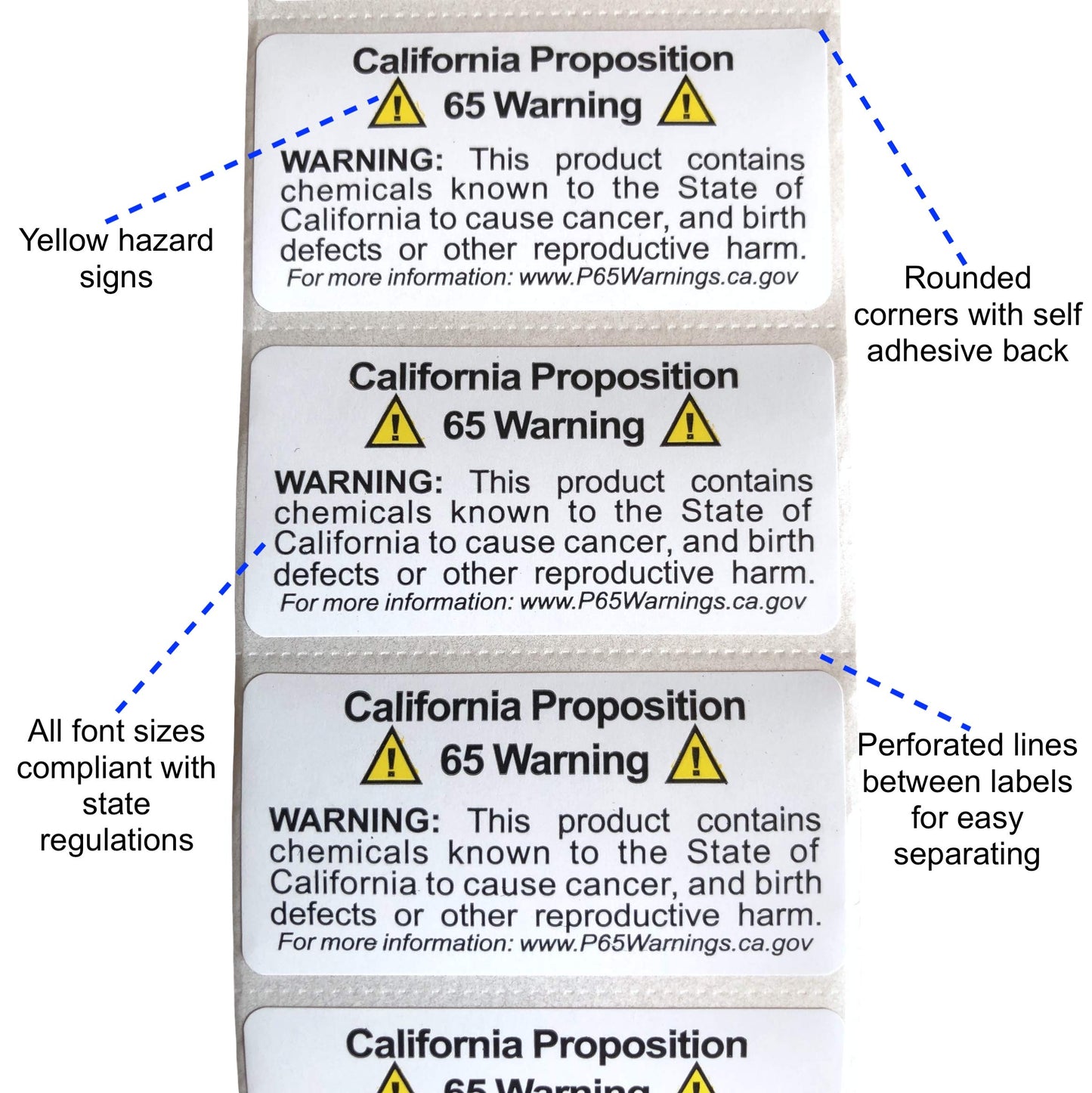 Prop 65 California Warning Labels 500 Count Roll | 1 by 2 Inch Size | Perforated Lines Between Labels for Easy Separating | Perfect for Products and Consumer Alerts | CA 2025 Edition Notice Stickers