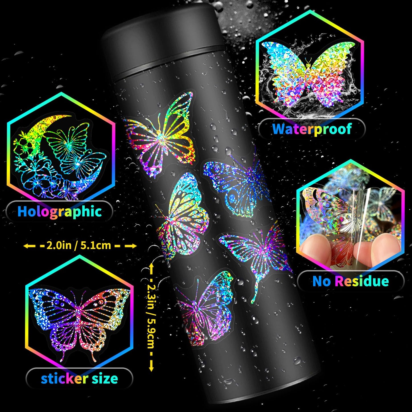 100PCS Holographic Butterfly Stickers, Laser Transparent Waterproof Stickers, Self-Adhesive Labels for Scrapbooking, Water Bottles, Journals, Laptops, Wall Decoration Blue