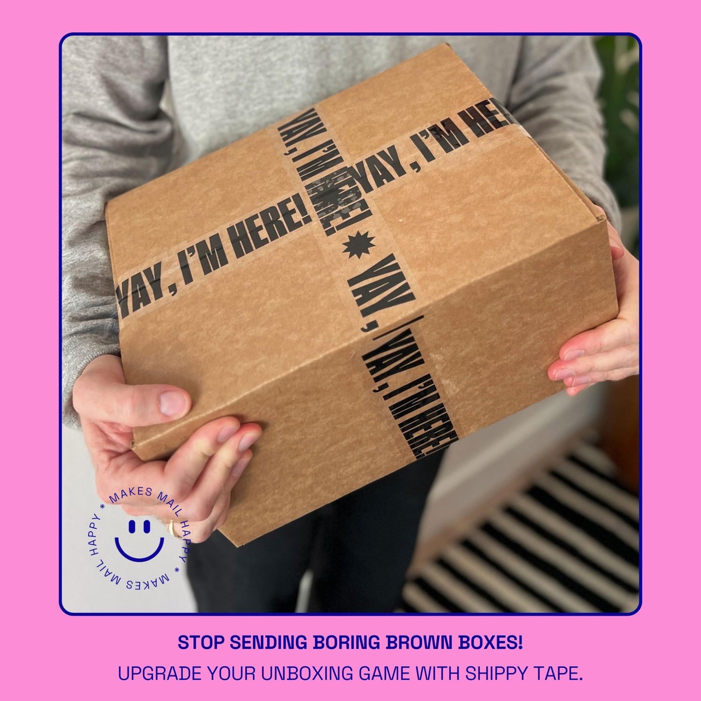 Printed Packing Tape for Small Business - Cool Decorative Designer Packaging and Shipping Tape - 1.88" x 110 Yards (330 feet) - Cute Yay, I'm Here! Clear Black Yay, I'm Here! - Clear/Black