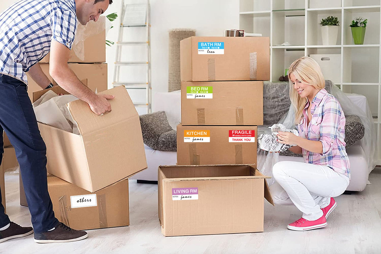 Hybsk 42x90mm Large Home Moving Labels for Boxes Apartment Moving Helper 6 Different Packing Fragile Labels Blank Furniture Labels (20 Sheets, 120pcs) 20 Sheets, 120pcs