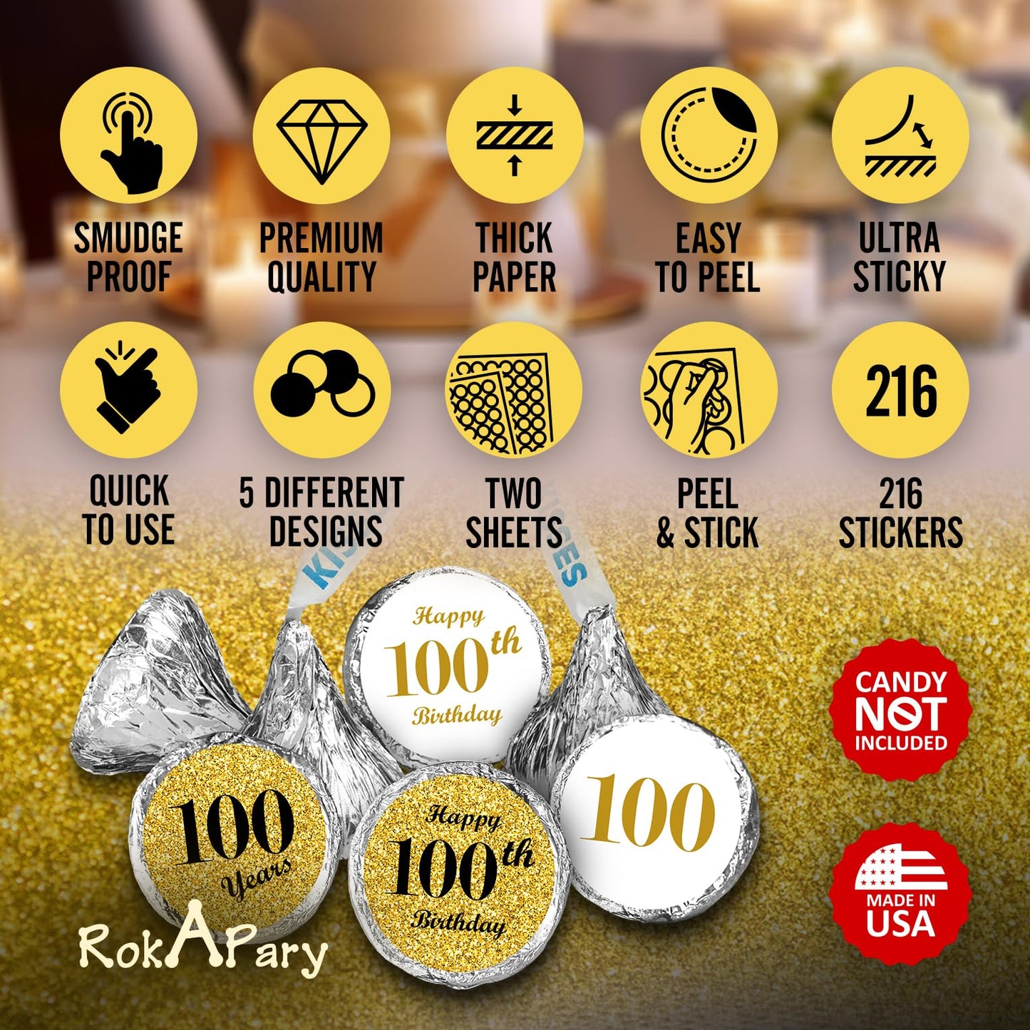 100th Birthday Gold Kisses Stickers, (Set of 216) Chocolate Drops Labels Stickers for Birthday Party, Party Favors Decor for Kisses. Made in USA