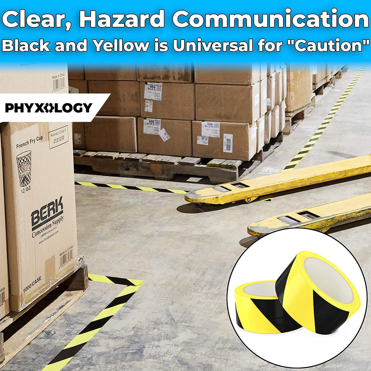 Double-Roll of Ultra-Adhesive Black & Yellow Hazard Tape for Floor Marking 2 Pk. Mark Floors & Watch Your Step Areas for Safety with High-Visibility Anti-Scuff Striped Vinyl by Phyxology Supply.
